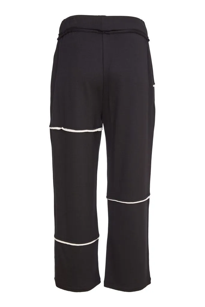 Naya Black Jersey Trousers with drawstring and raw edge contrast seams Naw24146