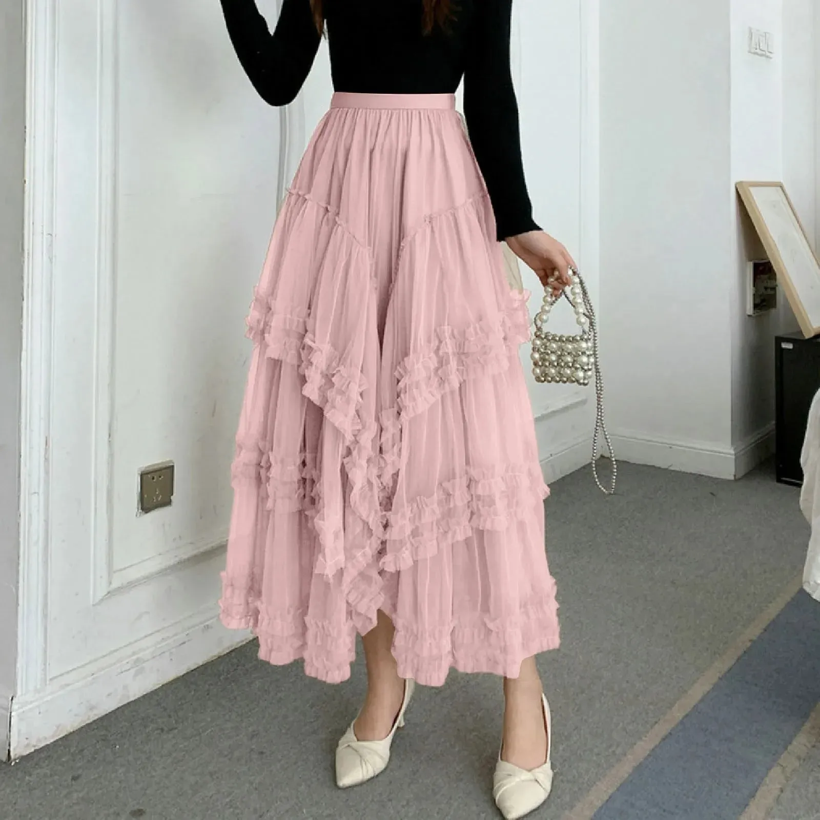 New Long Tulle Skirt Transparent Irregular Ruffles Maxi Carnival Skirt Women's 3 Layers Mesh Spring Skirt