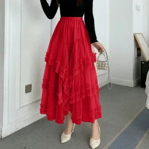 New Long Tulle Skirt Transparent Irregular Ruffles Maxi Carnival Skirt Women's 3 Layers Mesh Spring Skirt