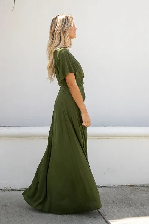 Olive Green Short Flutter Sleeve Wrap Spring Maxi Dress