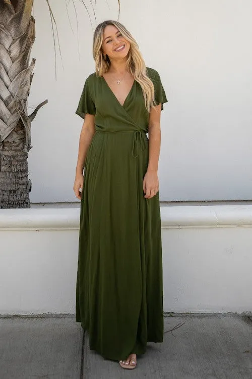 Olive Green Short Flutter Sleeve Wrap Spring Maxi Dress