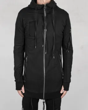 Patched zip up hooded sweatshirt black