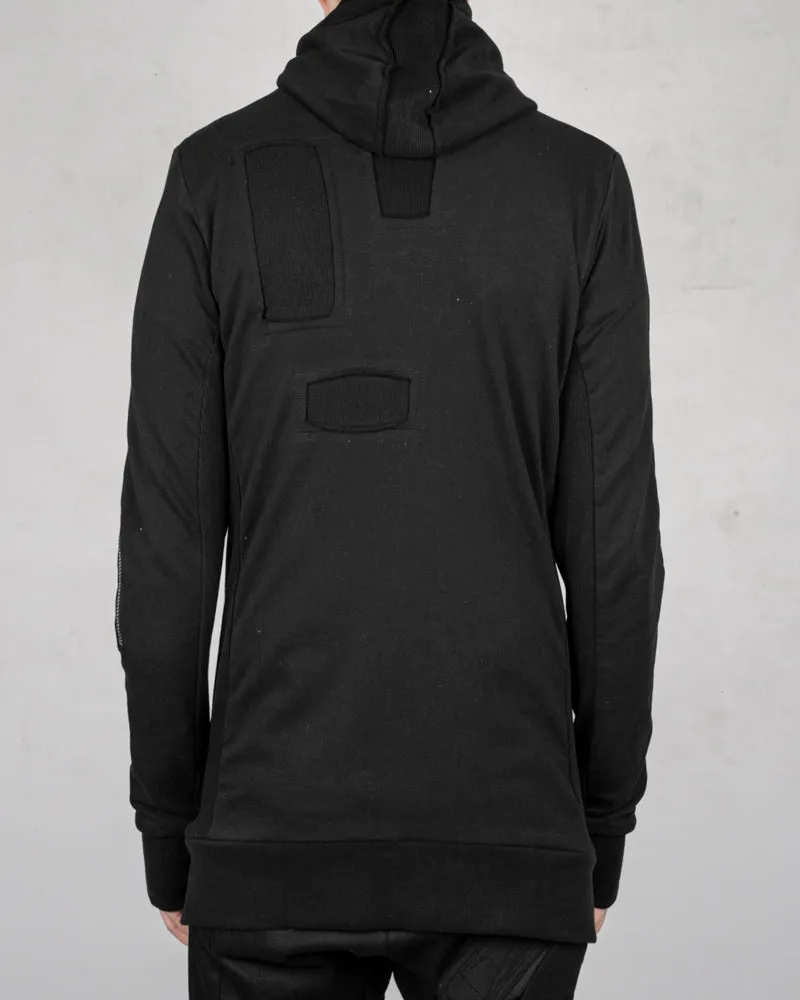 Patched zip up hooded sweatshirt black