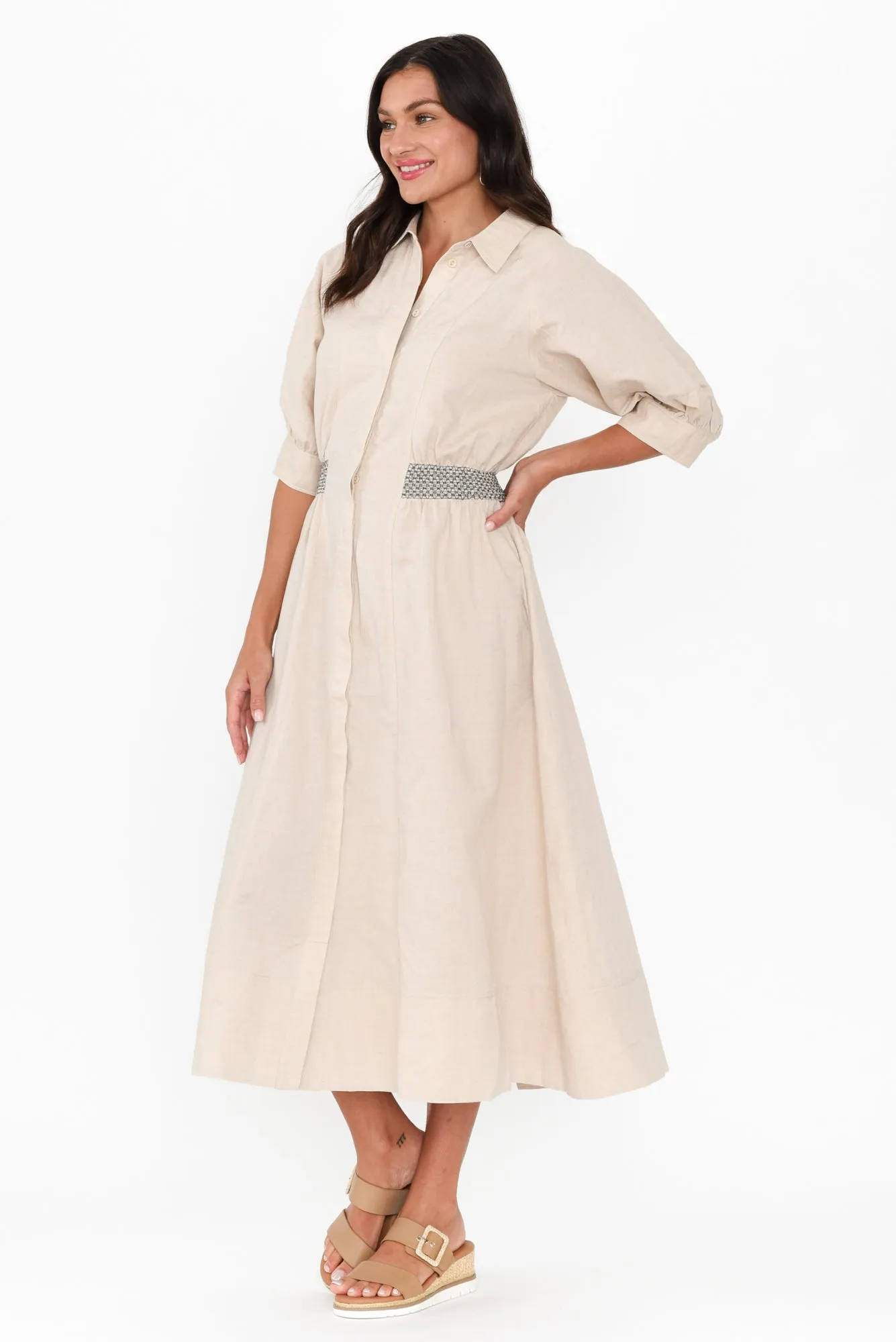 Perlita Beige Linen Shirt Dress