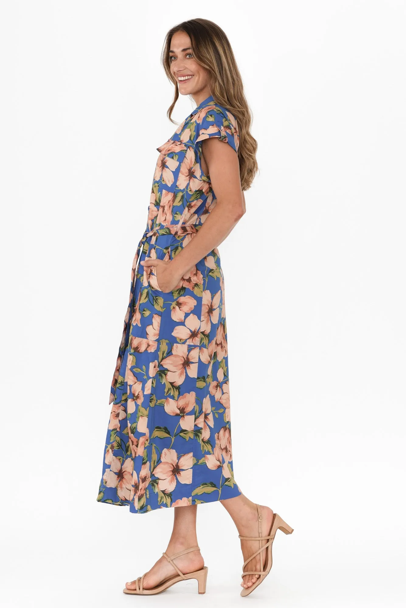 Porto Blue Floral Cotton Tie Dress