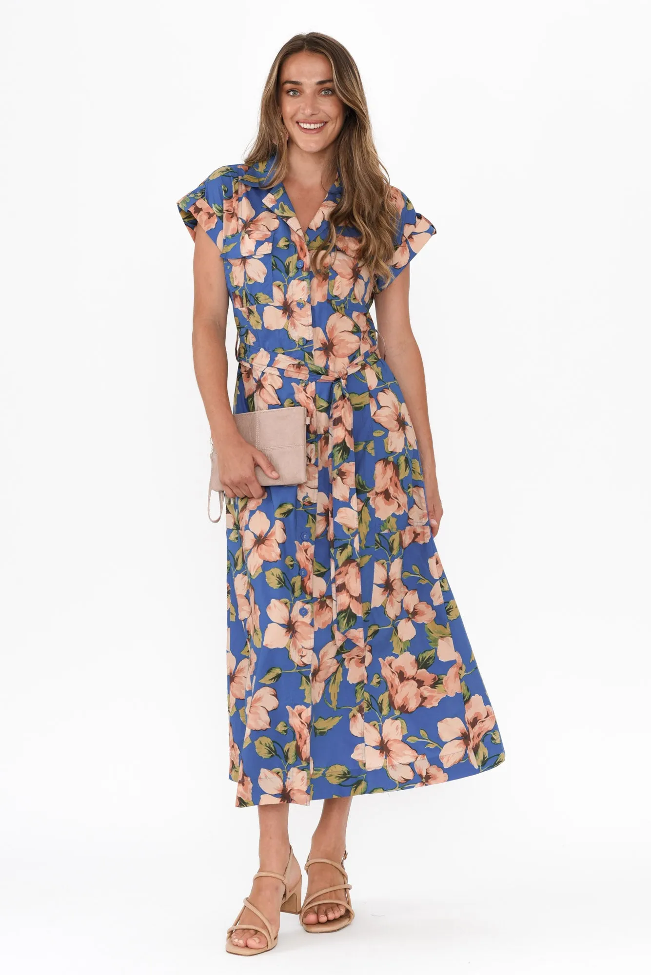 Porto Blue Floral Cotton Tie Dress