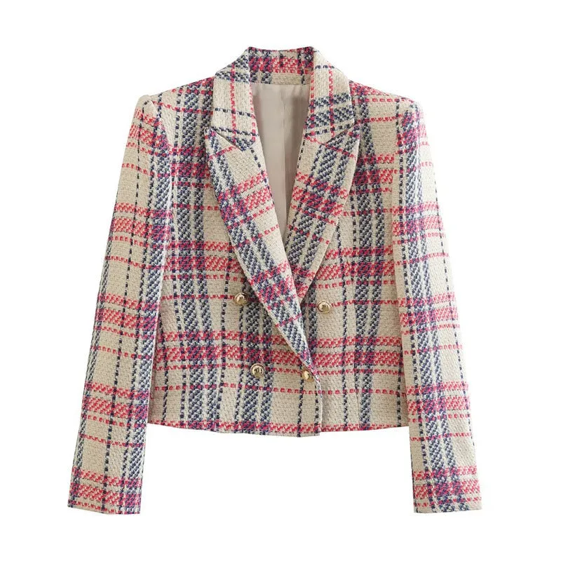 Pre Order:  Pink Plaid Cardigan Long Sleeves Blazer