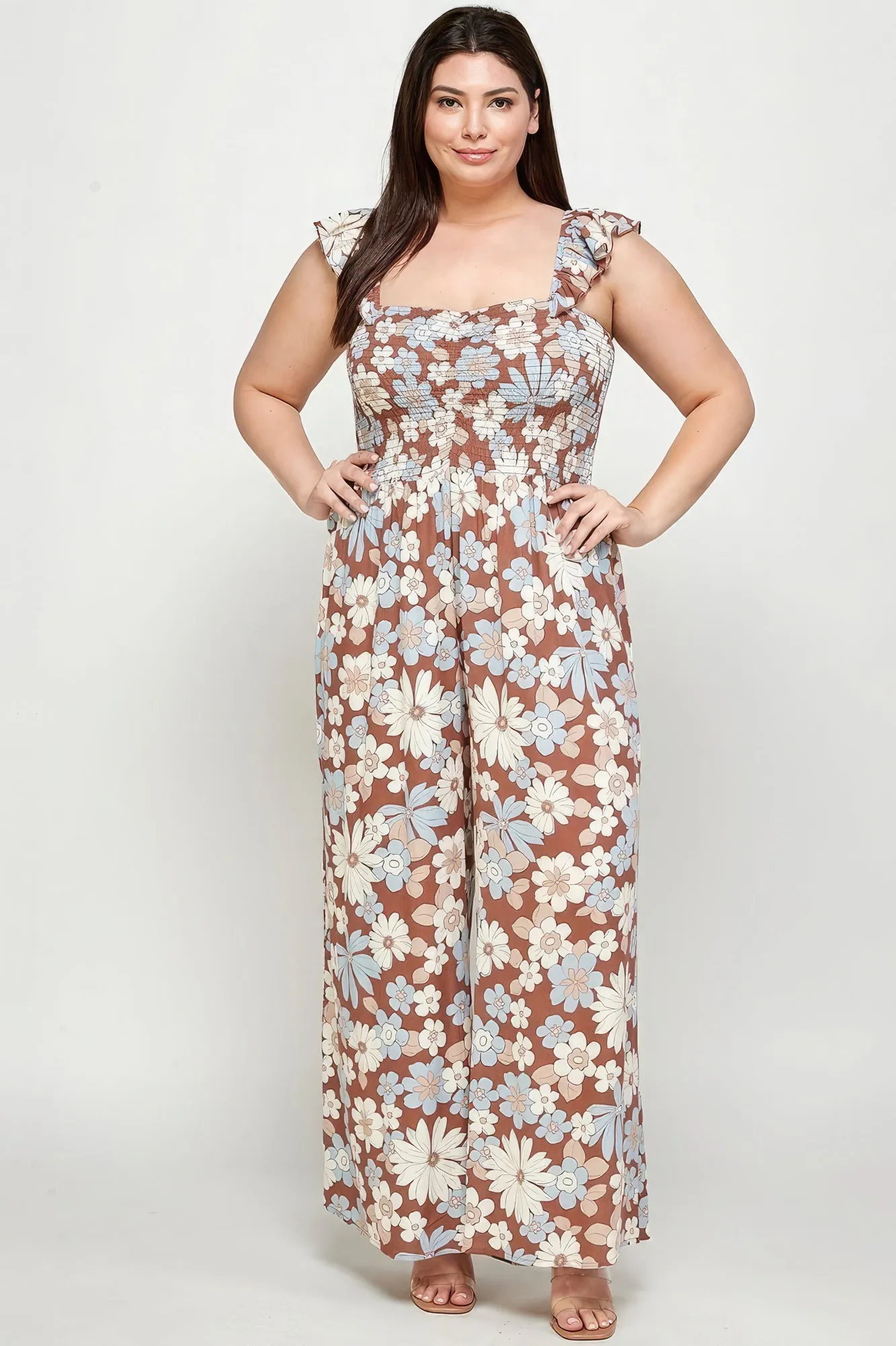 Print Smocked Women's Voluptuous ( ) Plus Size Floral Jumpsuit