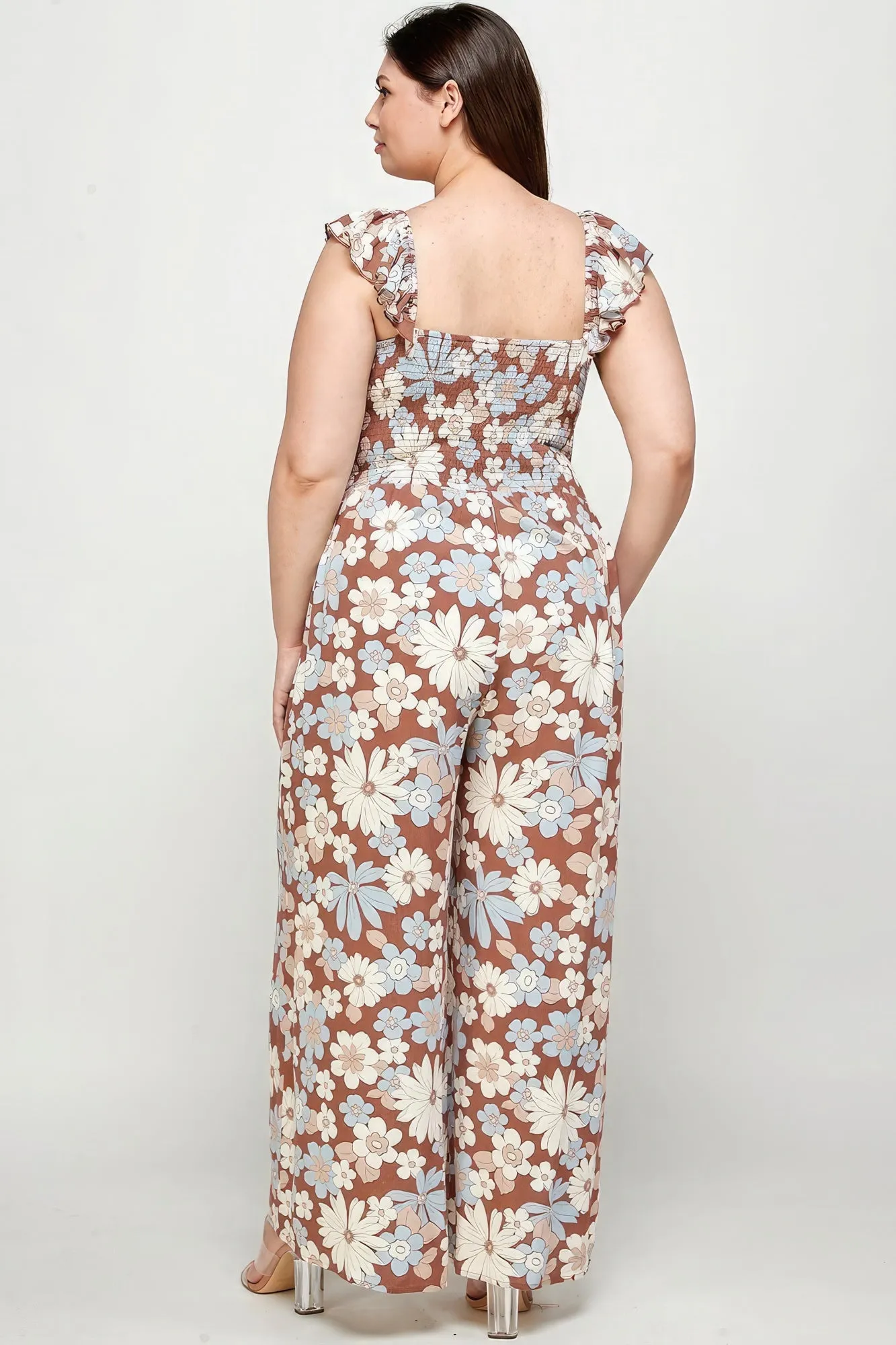 Print Smocked Women's Voluptuous ( ) Plus Size Floral Jumpsuit