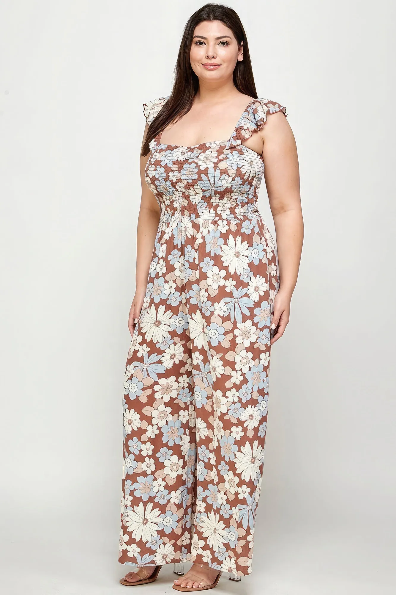 Print Smocked Women's Voluptuous ( ) Plus Size Floral Jumpsuit