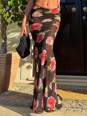 Printed Mesh Patchwork Maxi Skirt with See-Through Contrast