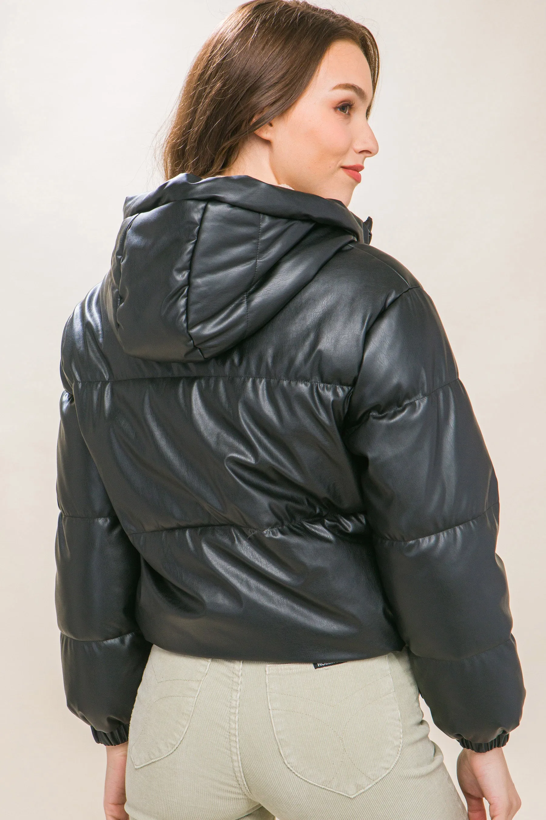 Pu Faux Leather Zipper Hooded Women's Puffer Jacket - 5 colors