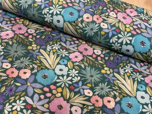 Rainbow Floral on Petrol Bamboo Jersey