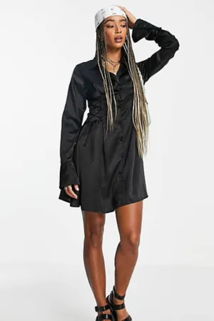 Reclaimed Vintage Inspired Shirt Dress In Satin With Tie Waist Detail In Black