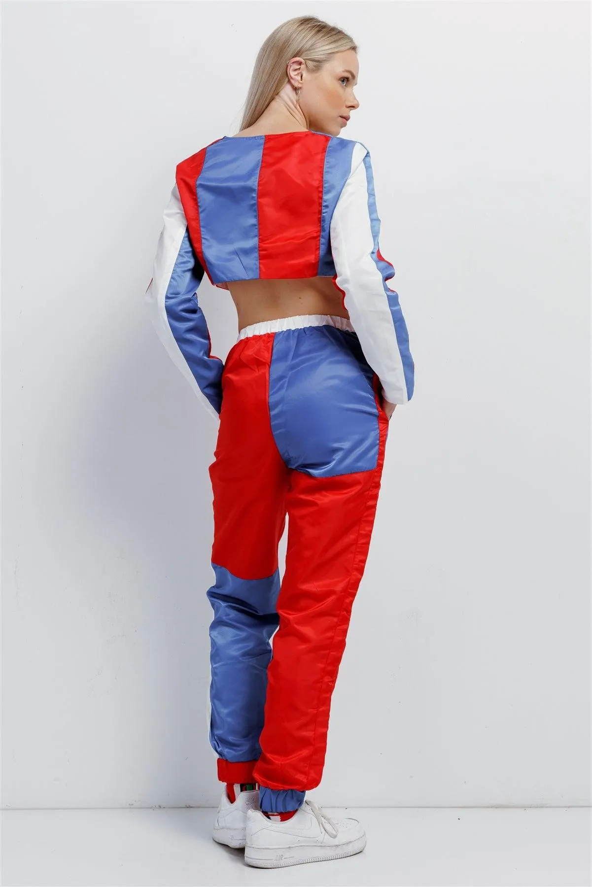 Red Blue Colorblock Tracksuit Windbreaker Cropped Jacket 2 Piece Set /2-2-2