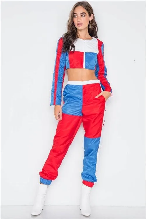 Red Blue Colorblock Tracksuit Windbreaker Cropped Jacket 2 Piece Set /2-2-2