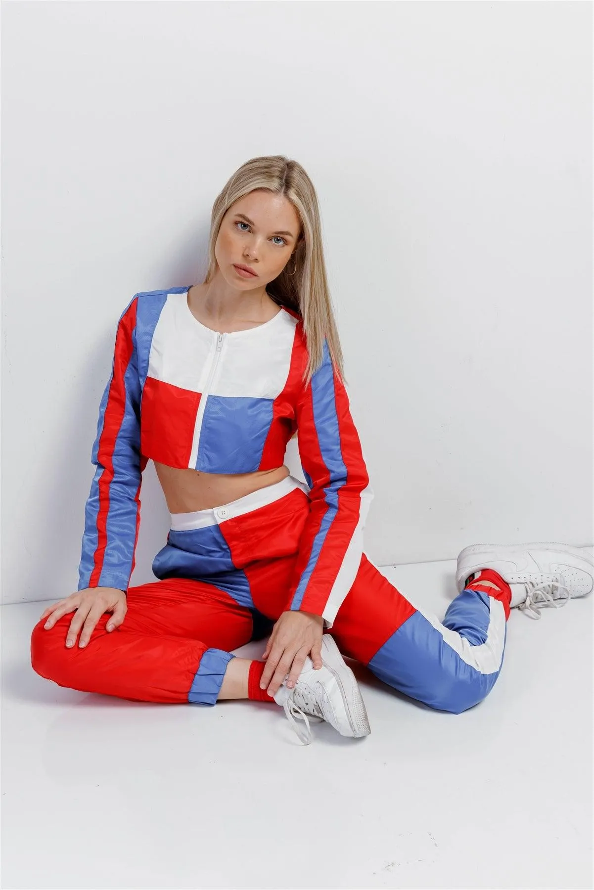 Red Blue Colorblock Tracksuit Windbreaker Cropped Jacket 2 Piece Set /2-2-2