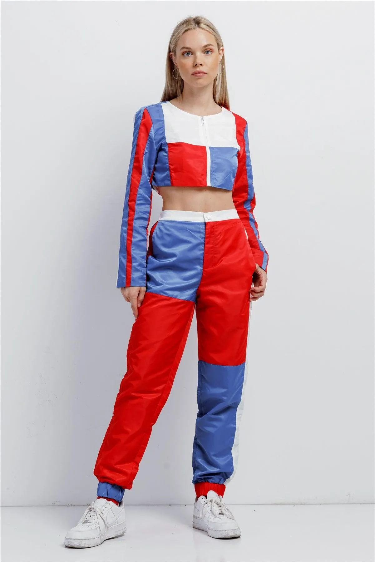 Red Blue Colorblock Tracksuit Windbreaker Cropped Jacket 2 Piece Set /2-2-2