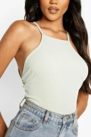 Rib Cross Back Strappy Bodysuit Top