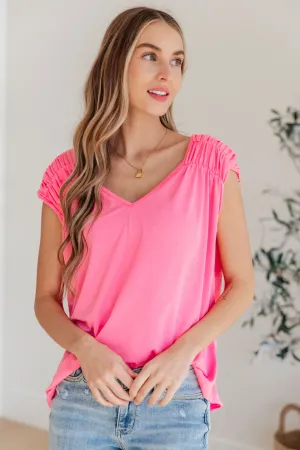 Ruched Cap Sleeve Top in Neon Pink