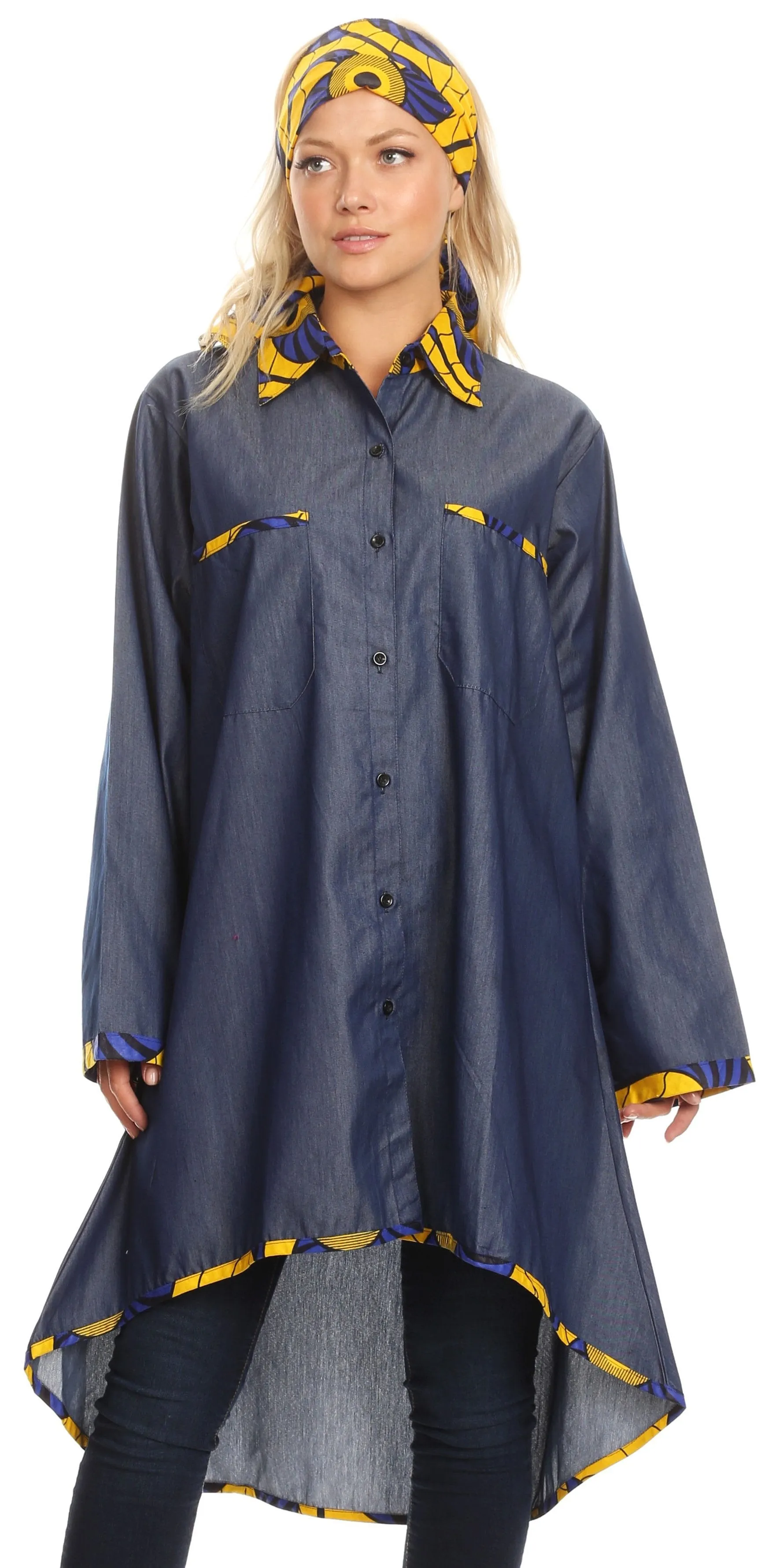 Sakkas Aana Womens Casual Ankara African Denim Chambray Shirt Dress Long Sleeve