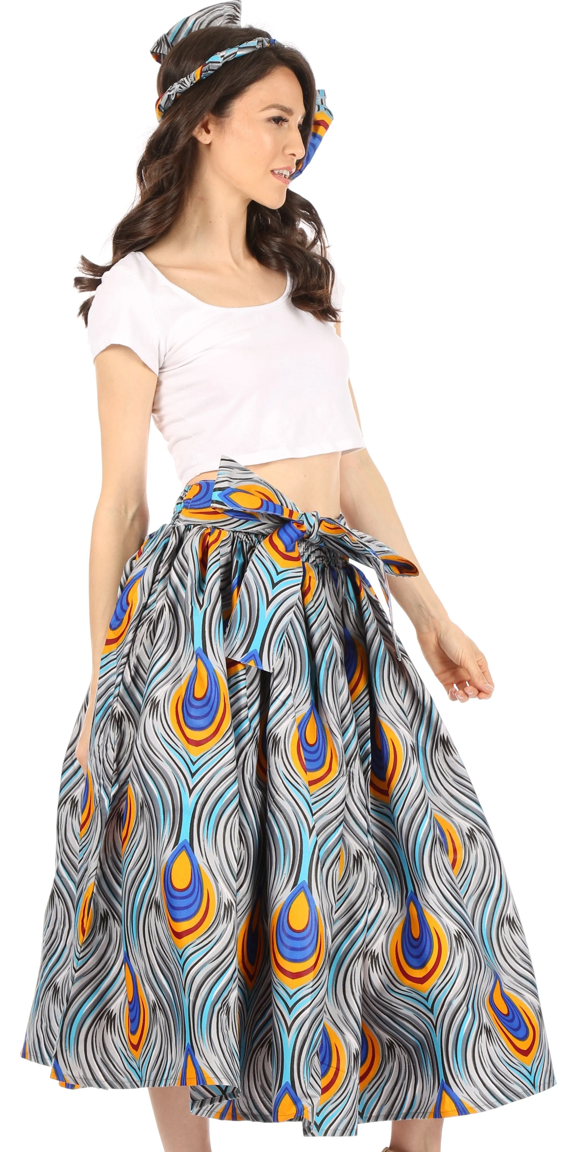 Sakkas Ama Women's Vintage Circle African Ankara Print Midi Skirt with Pockets