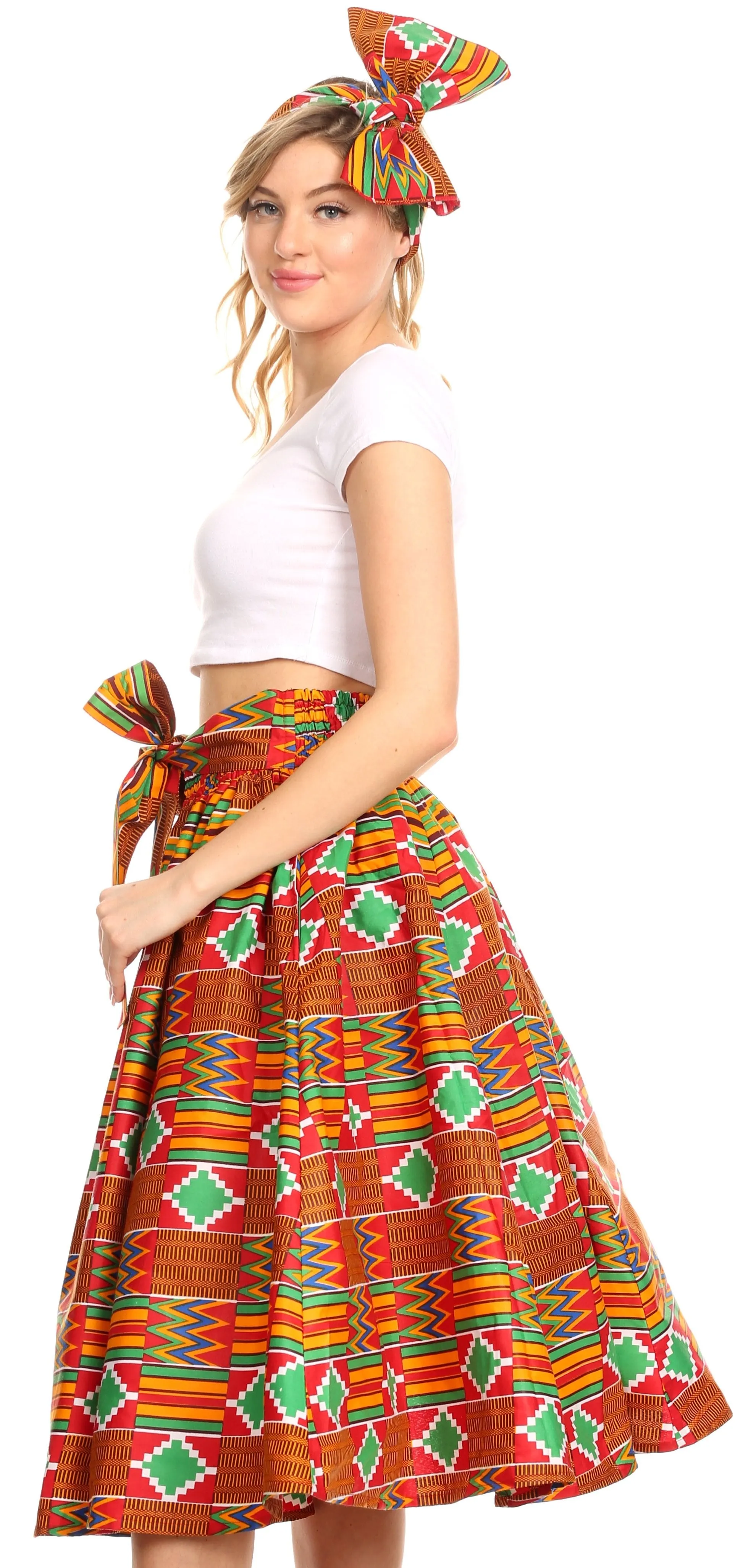 Sakkas Ama Women's Vintage Circle African Ankara Print Midi Skirt with Pockets