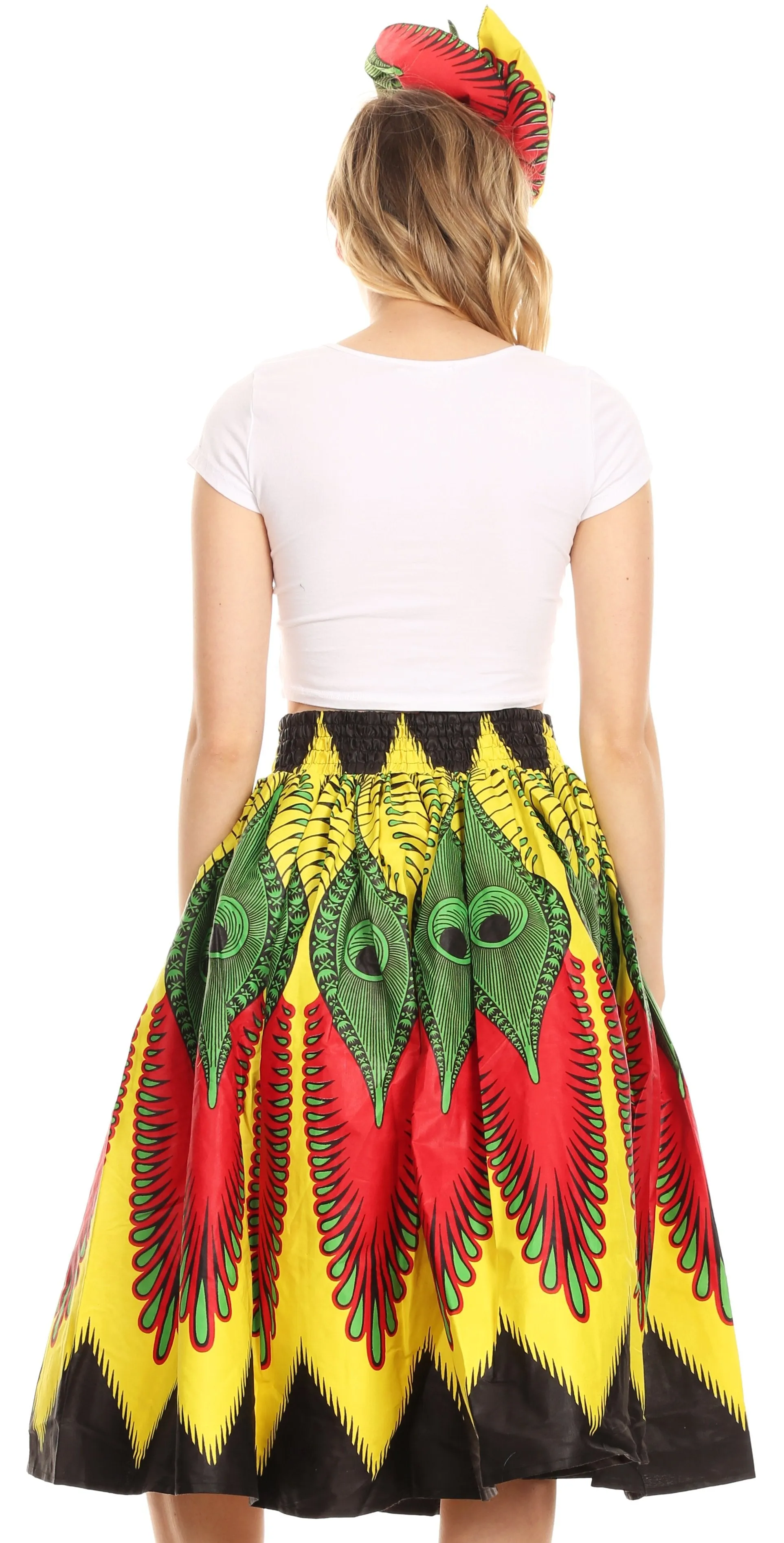 Sakkas Ama Women's Vintage Circle African Ankara Print Midi Skirt with Pockets