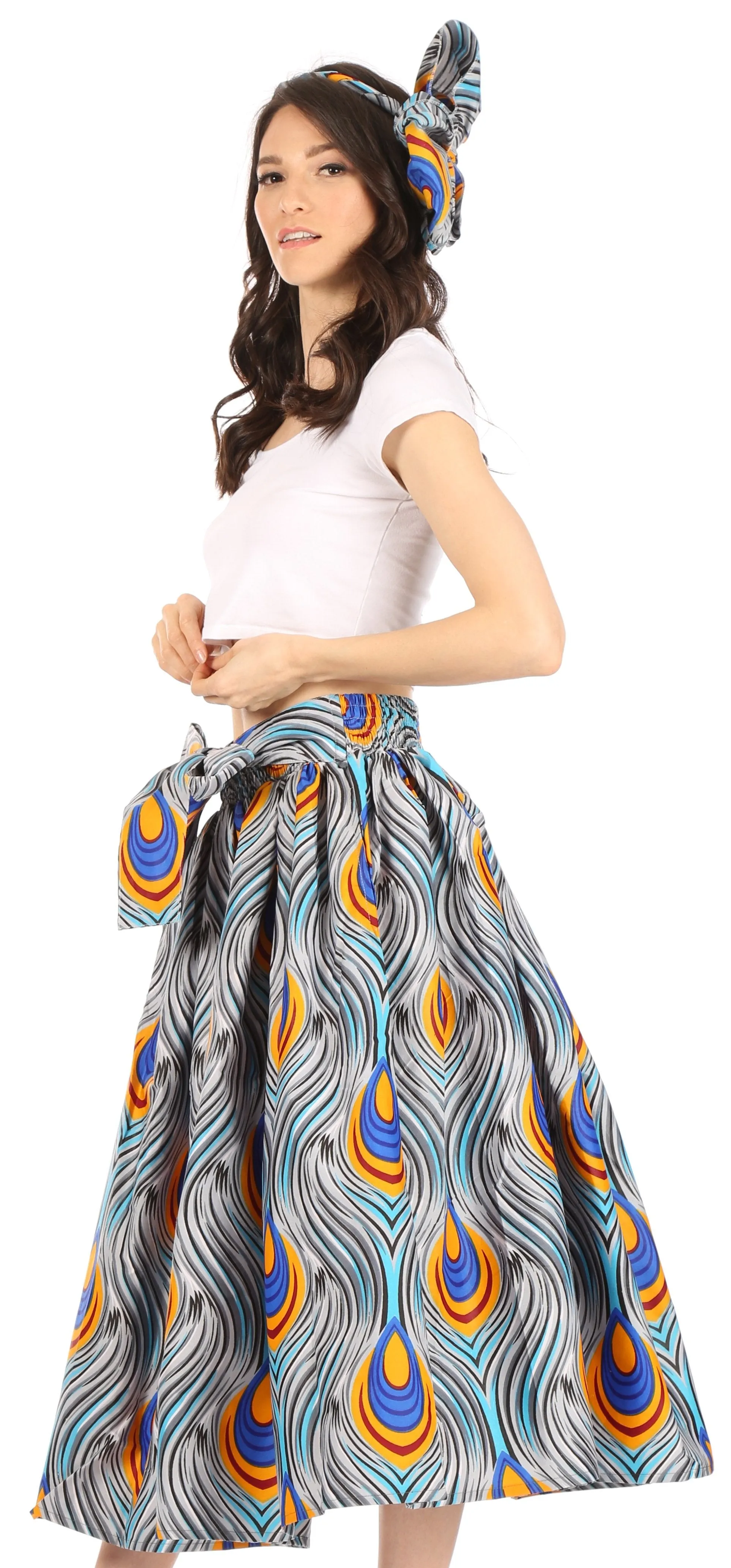 Sakkas Ama Women's Vintage Circle African Ankara Print Midi Skirt with Pockets