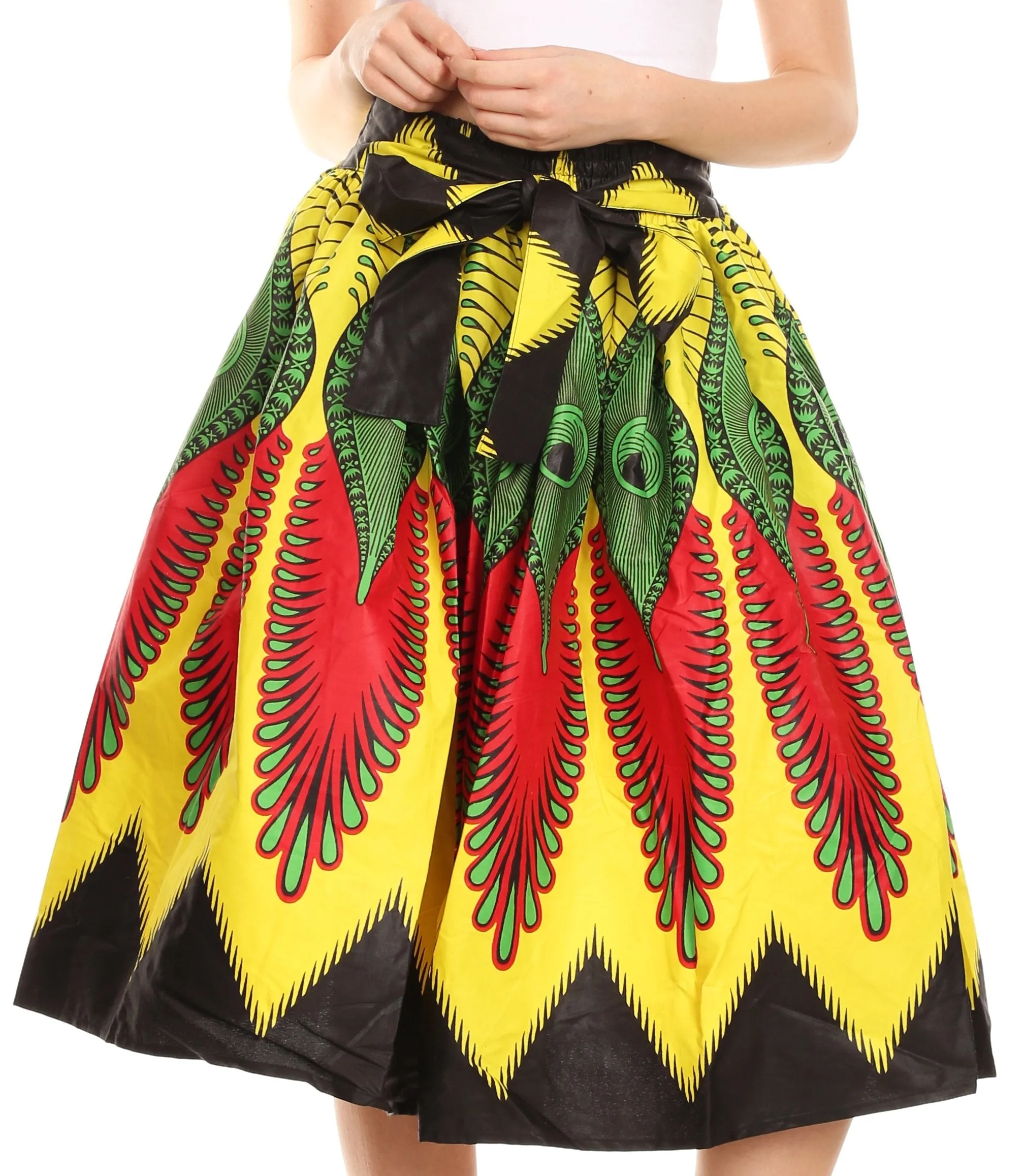 Sakkas Ama Women's Vintage Circle African Ankara Print Midi Skirt with Pockets