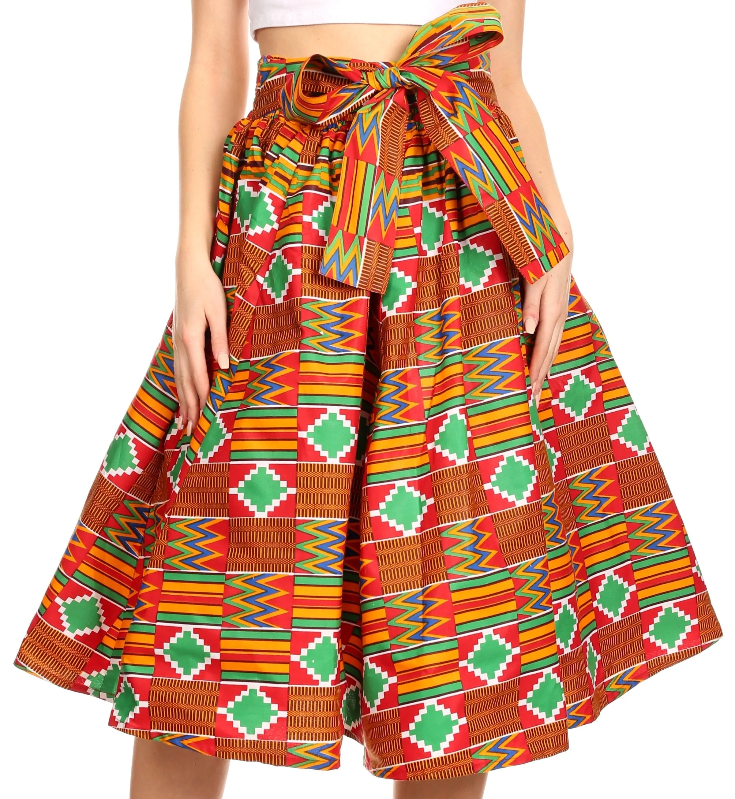 Sakkas Ama Women's Vintage Circle African Ankara Print Midi Skirt with Pockets