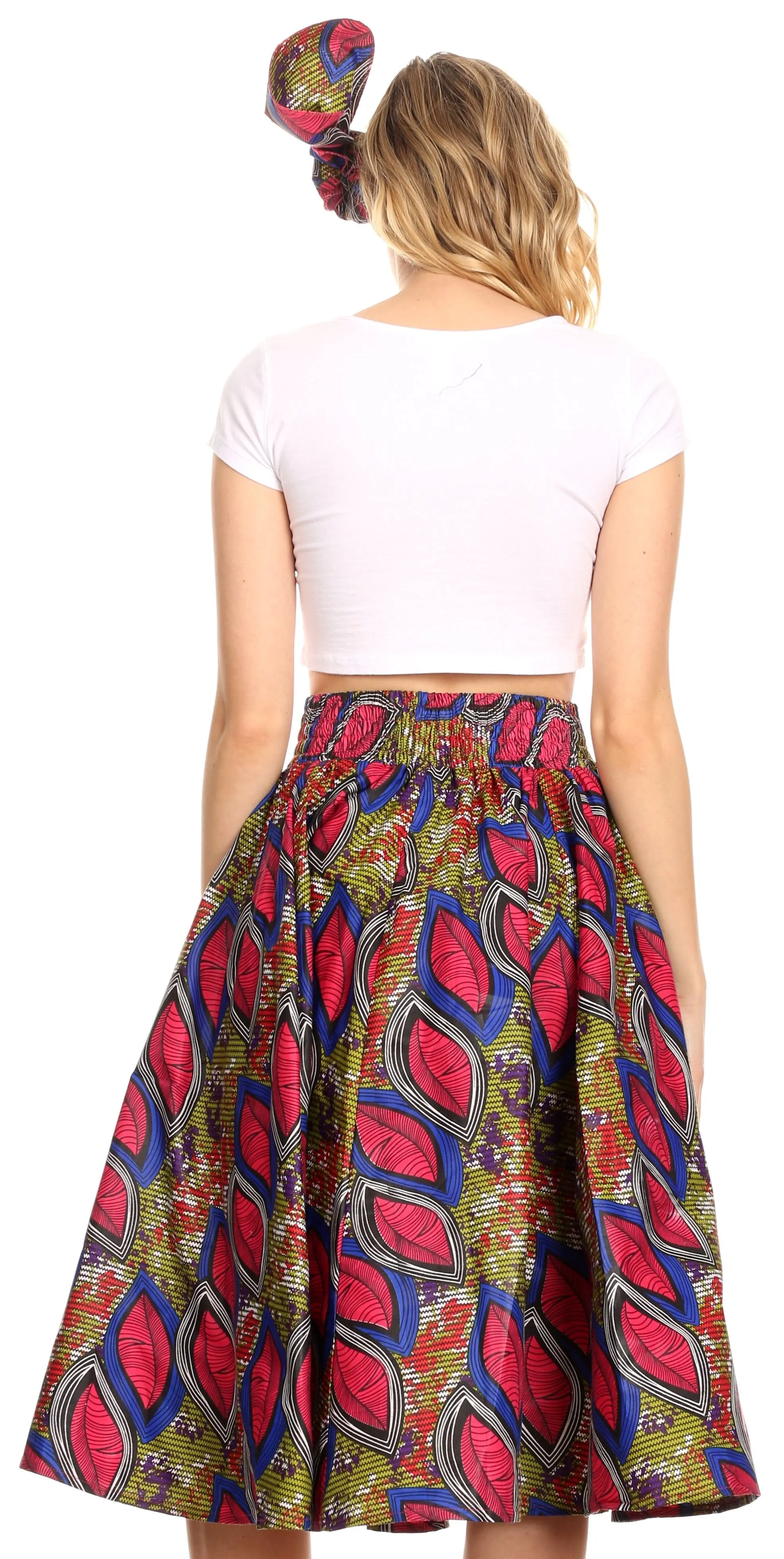 Sakkas Ama Women's Vintage Circle African Ankara Print Midi Skirt with Pockets