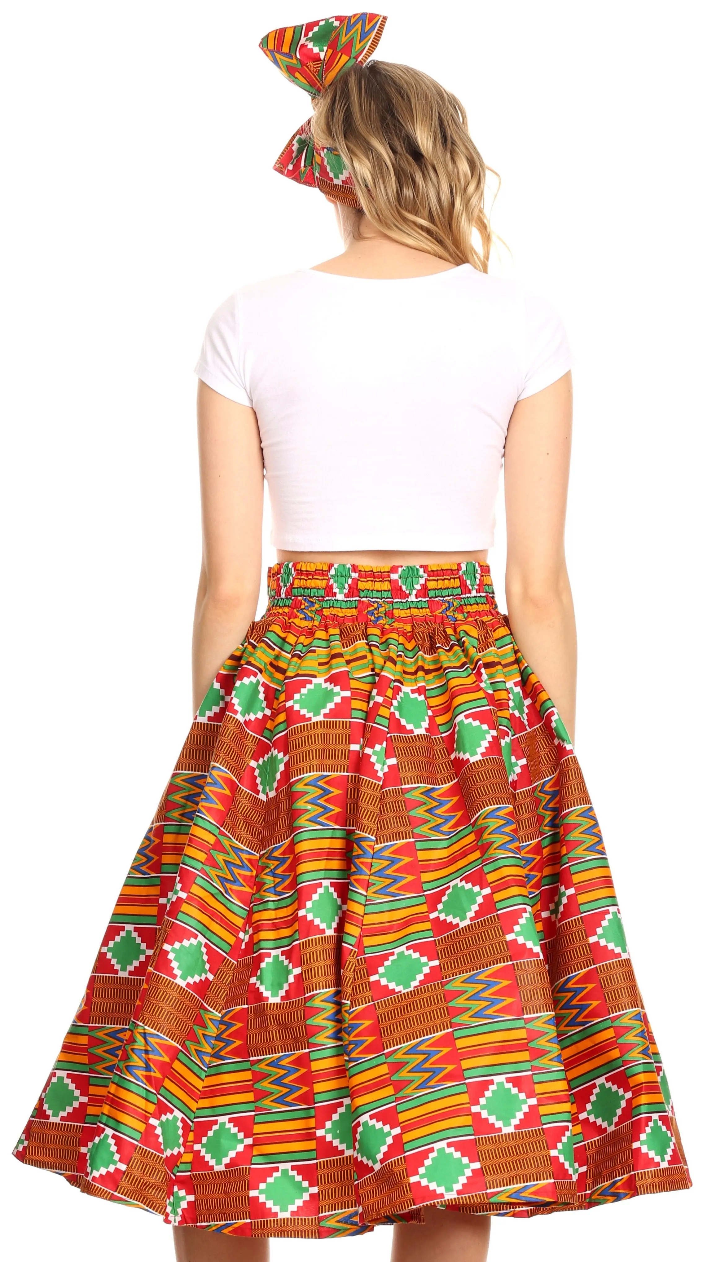 Sakkas Ama Women's Vintage Circle African Ankara Print Midi Skirt with Pockets