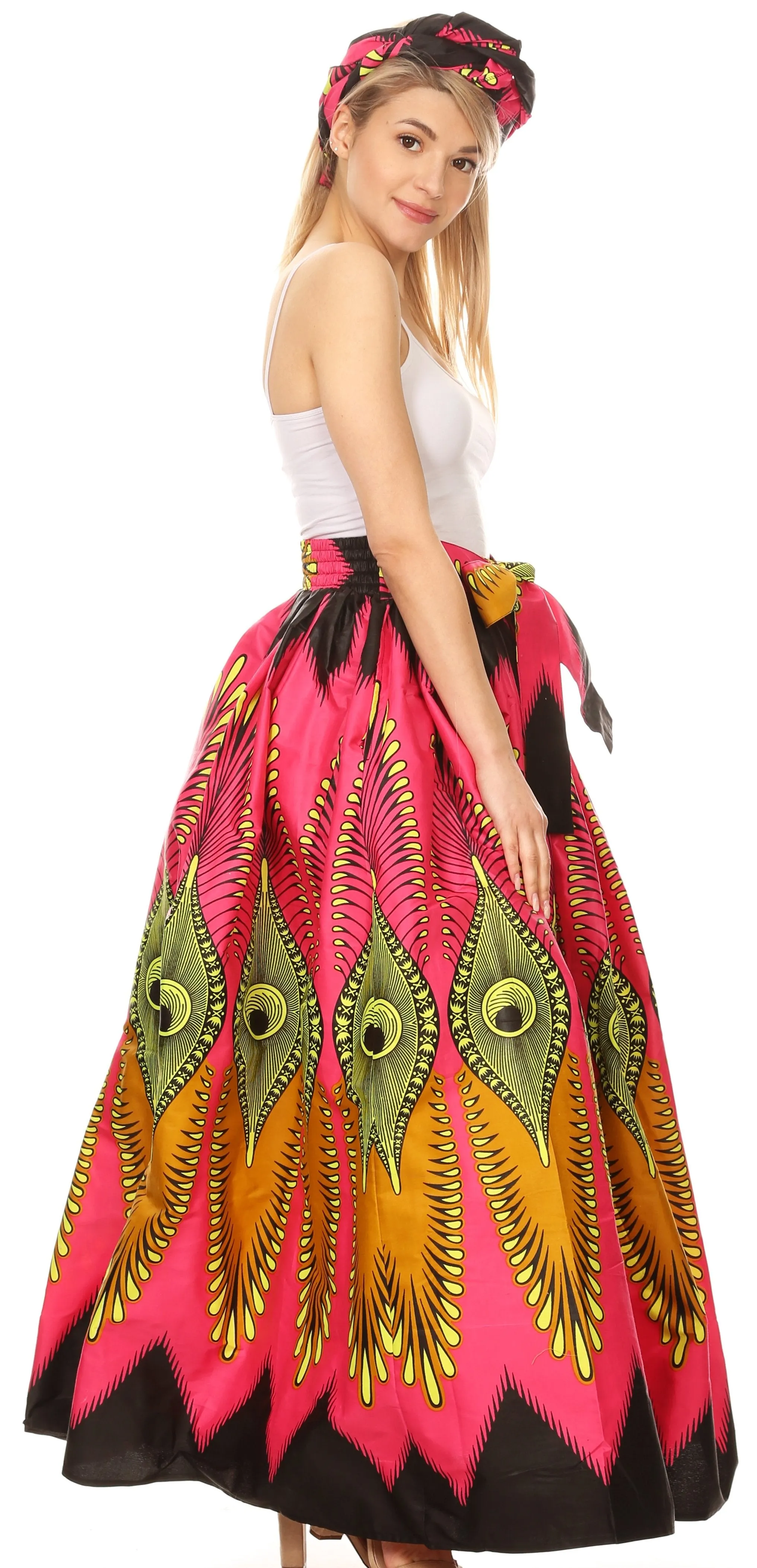 Sakkas Ami Women's Maxi Long African Ankara Print Skirt Pockets & Elastic Waist