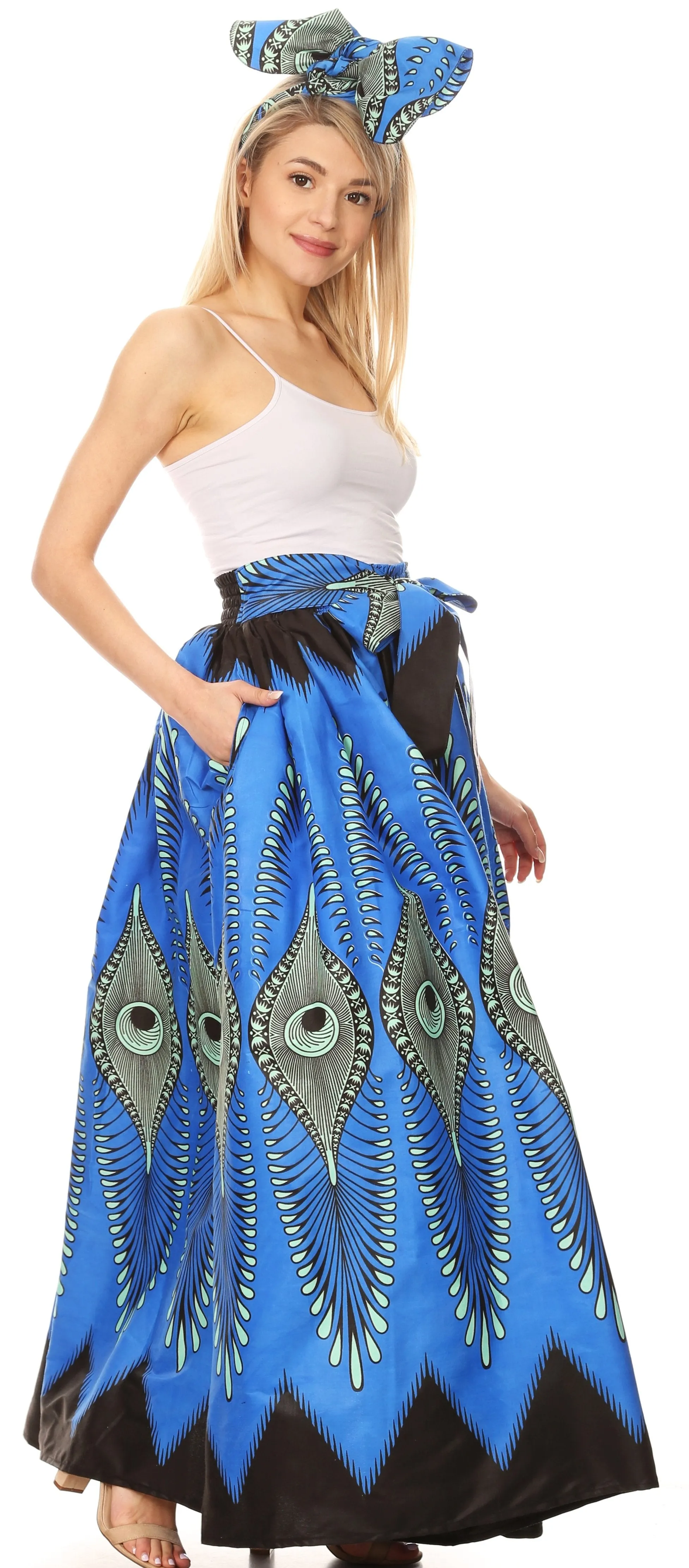 Sakkas Ami Women's Maxi Long African Ankara Print Skirt Pockets & Elastic Waist