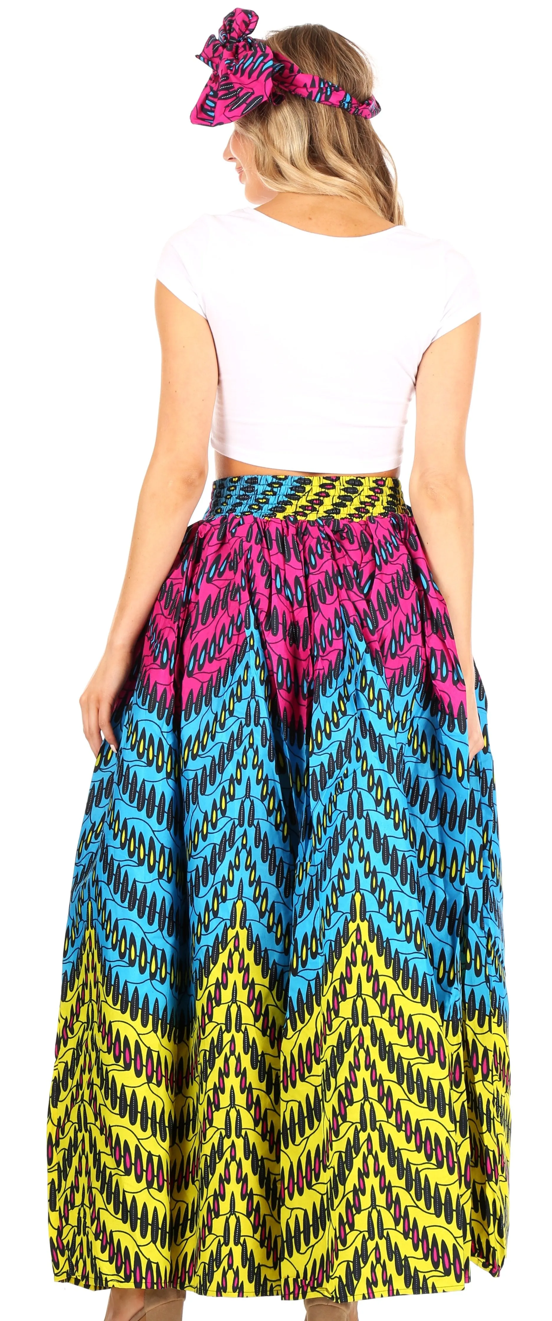 Sakkas Ami Women's Maxi Long African Ankara Print Skirt Pockets & Elastic Waist