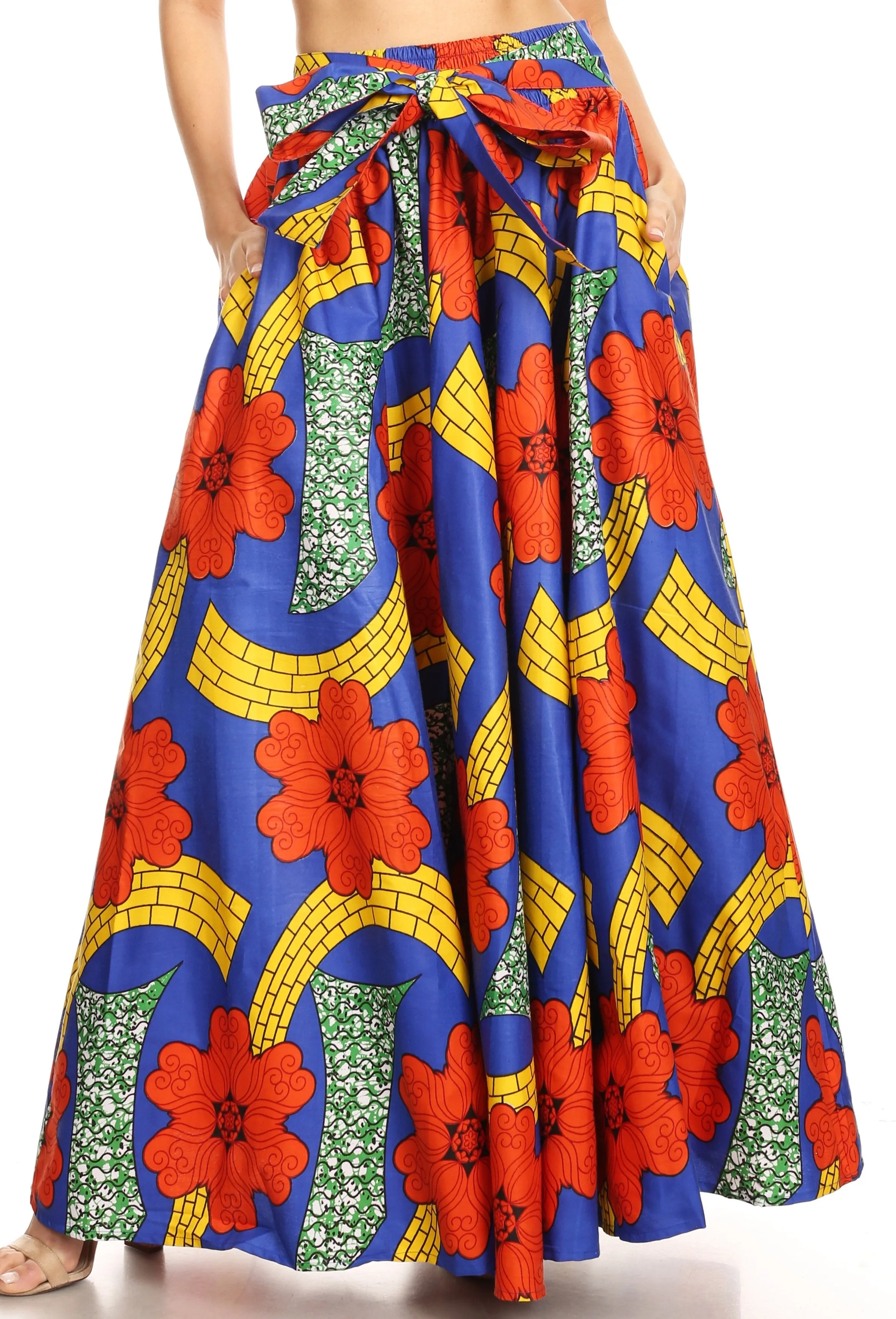 Sakkas Ami Women's Maxi Long African Ankara Print Skirt Pockets & Elastic Waist