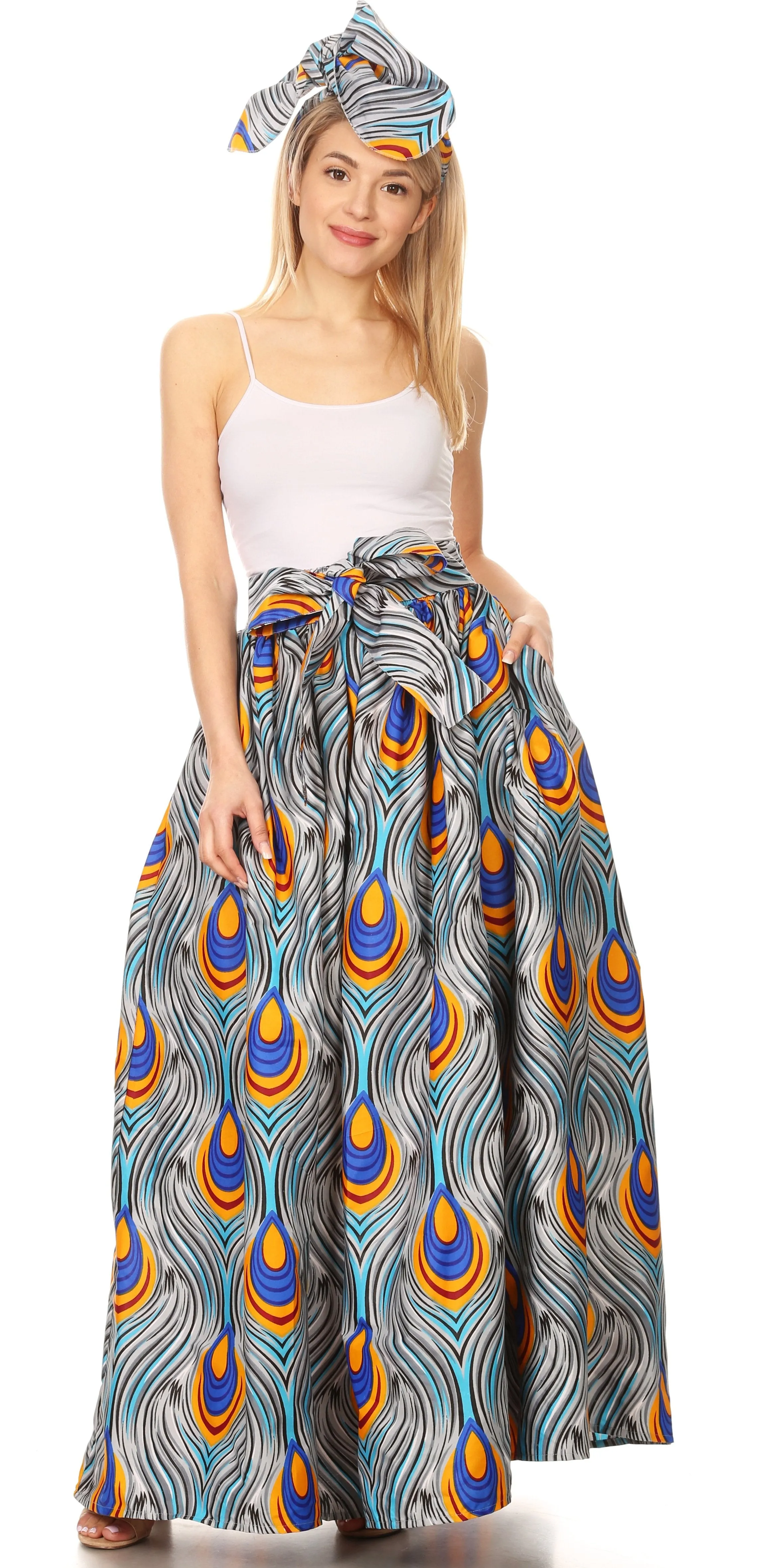 Sakkas Ami Women's Maxi Long African Ankara Print Skirt Pockets & Elastic Waist