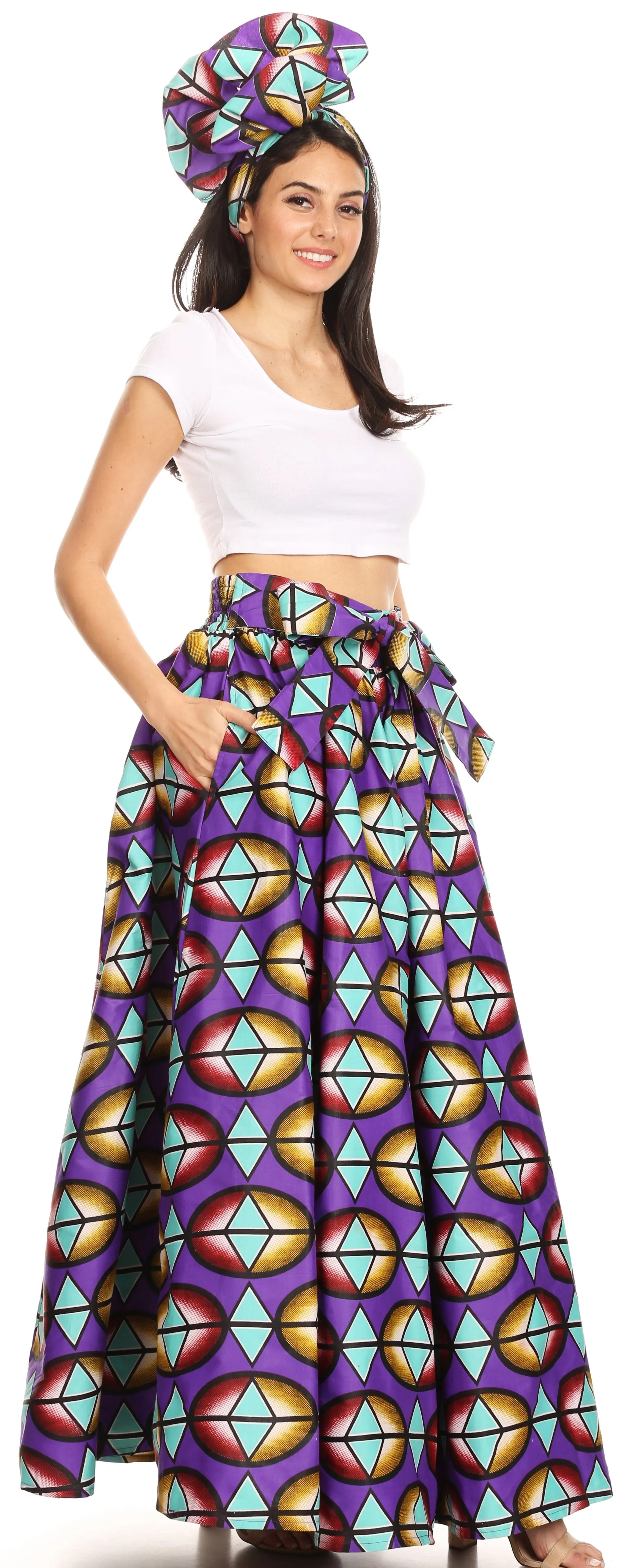 Sakkas Ami Women's Maxi Long African Ankara Print Skirt Pockets & Elastic Waist