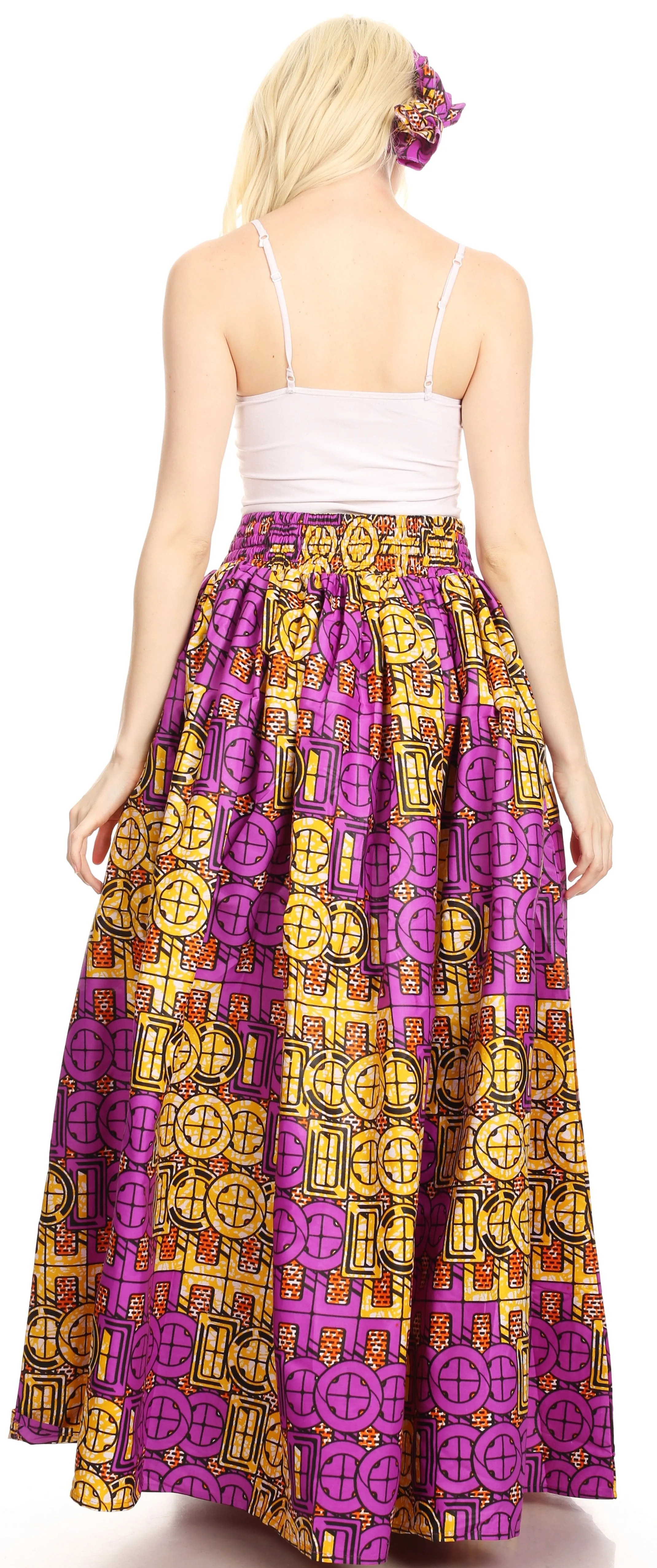 Sakkas Ami Women's Maxi Long African Ankara Print Skirt Pockets & Elastic Waist