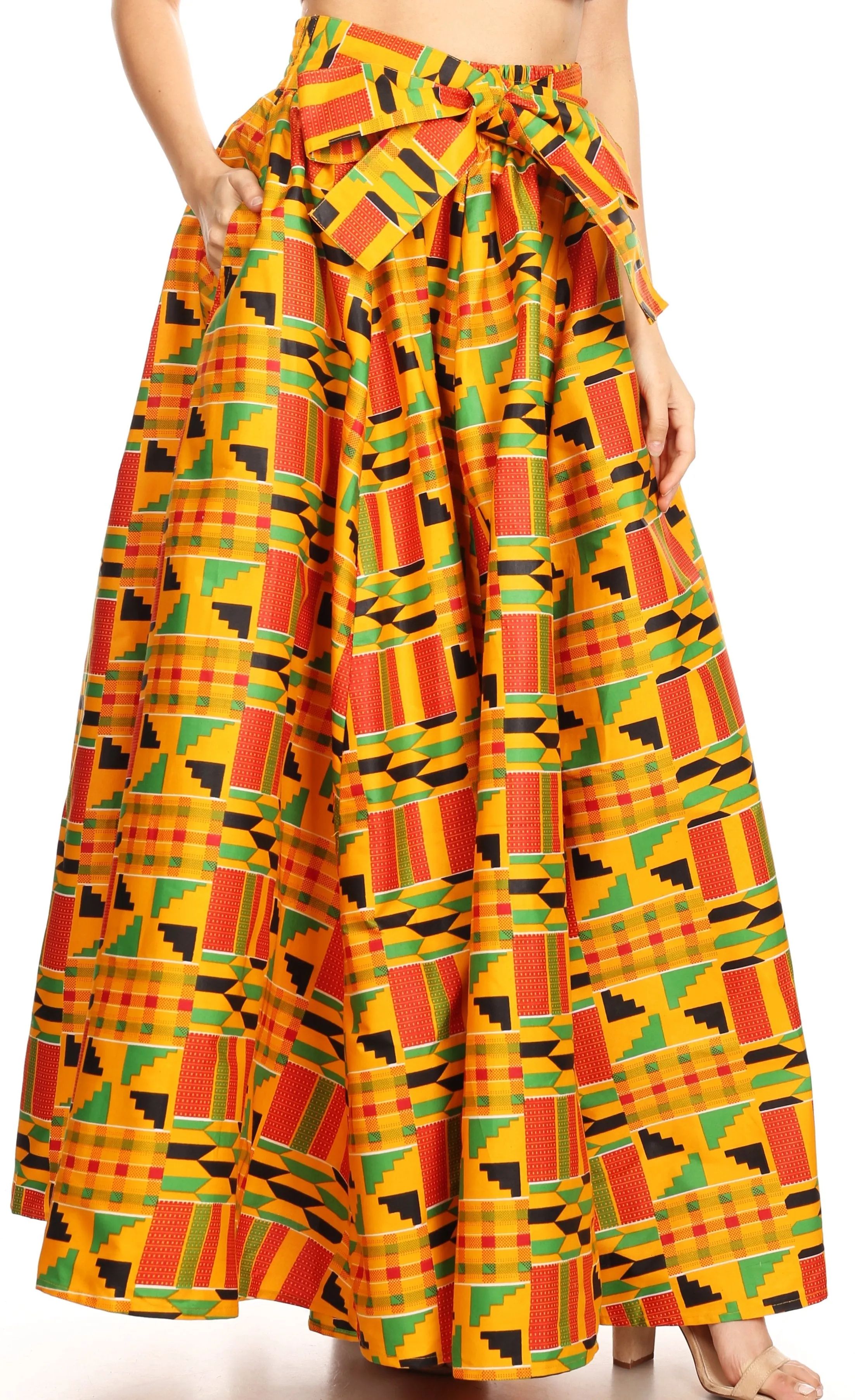 Sakkas Ami Women's Maxi Long African Ankara Print Skirt Pockets & Elastic Waist