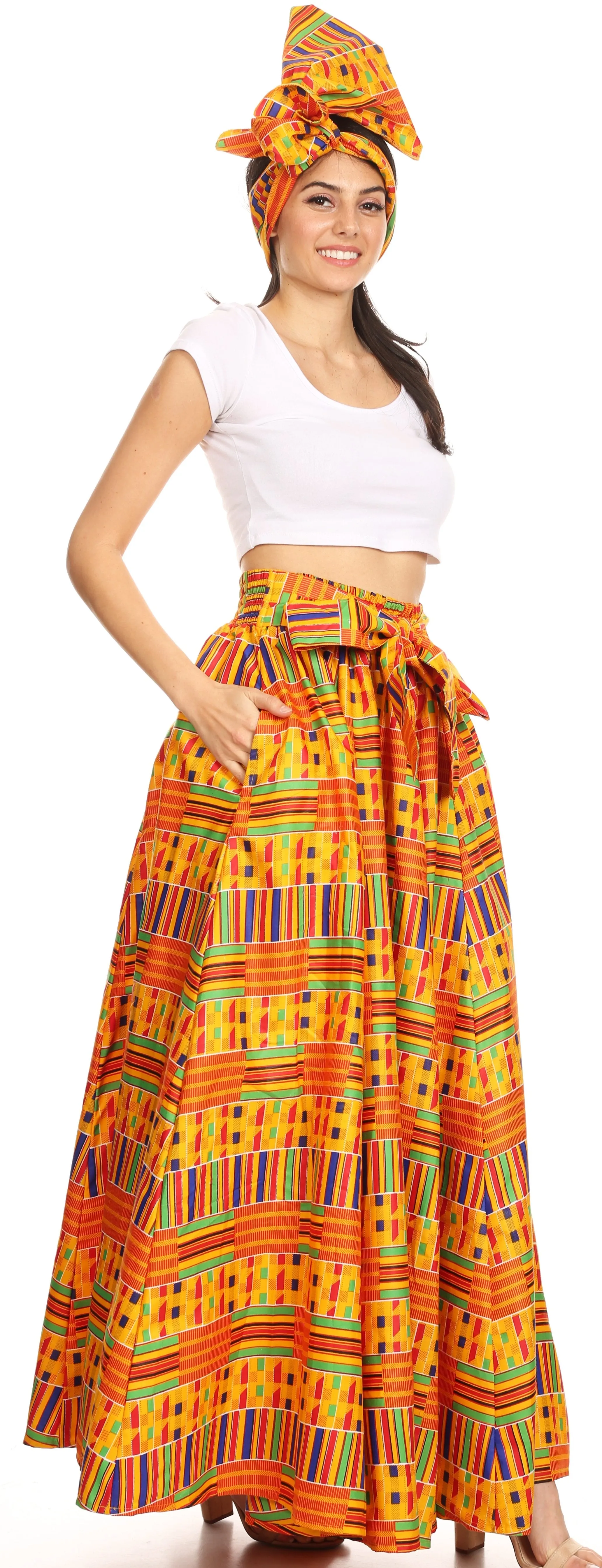 Sakkas Ami Women's Maxi Long African Ankara Print Skirt Pockets & Elastic Waist