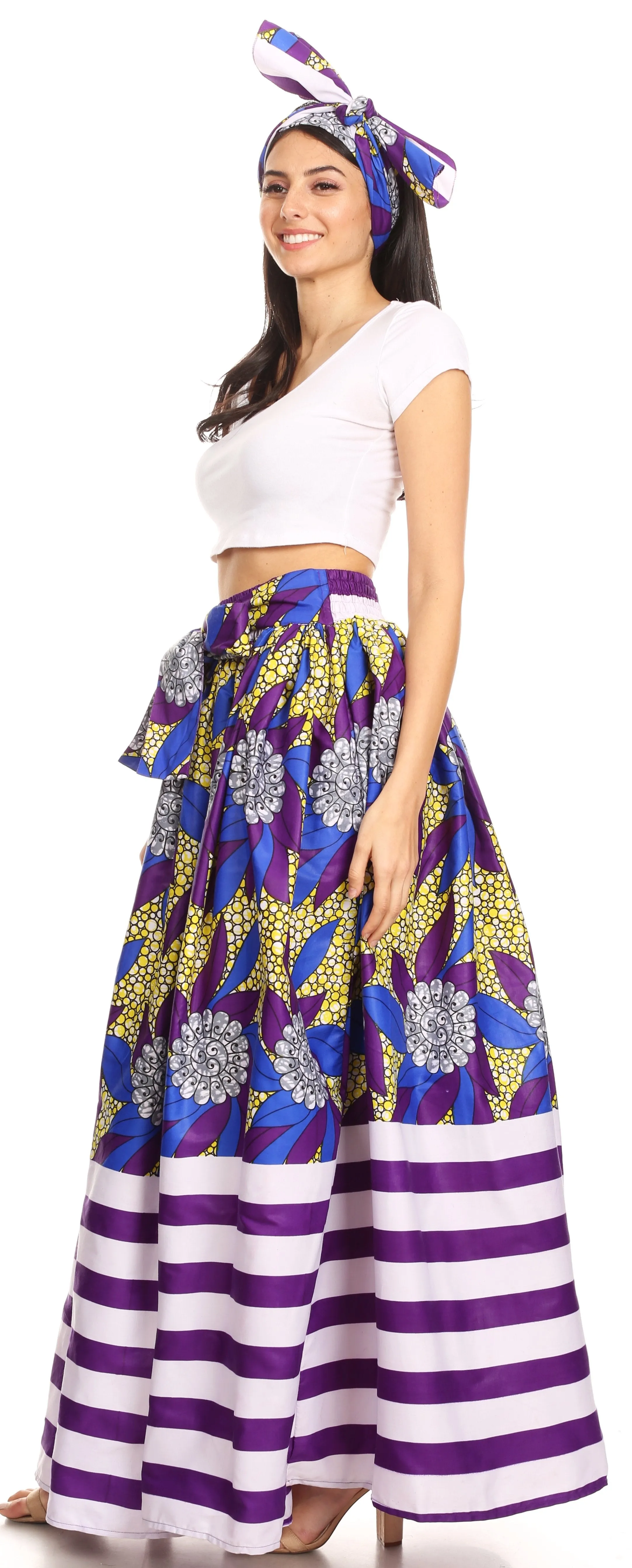 Sakkas Ami Women's Maxi Long African Ankara Print Skirt Pockets & Elastic Waist