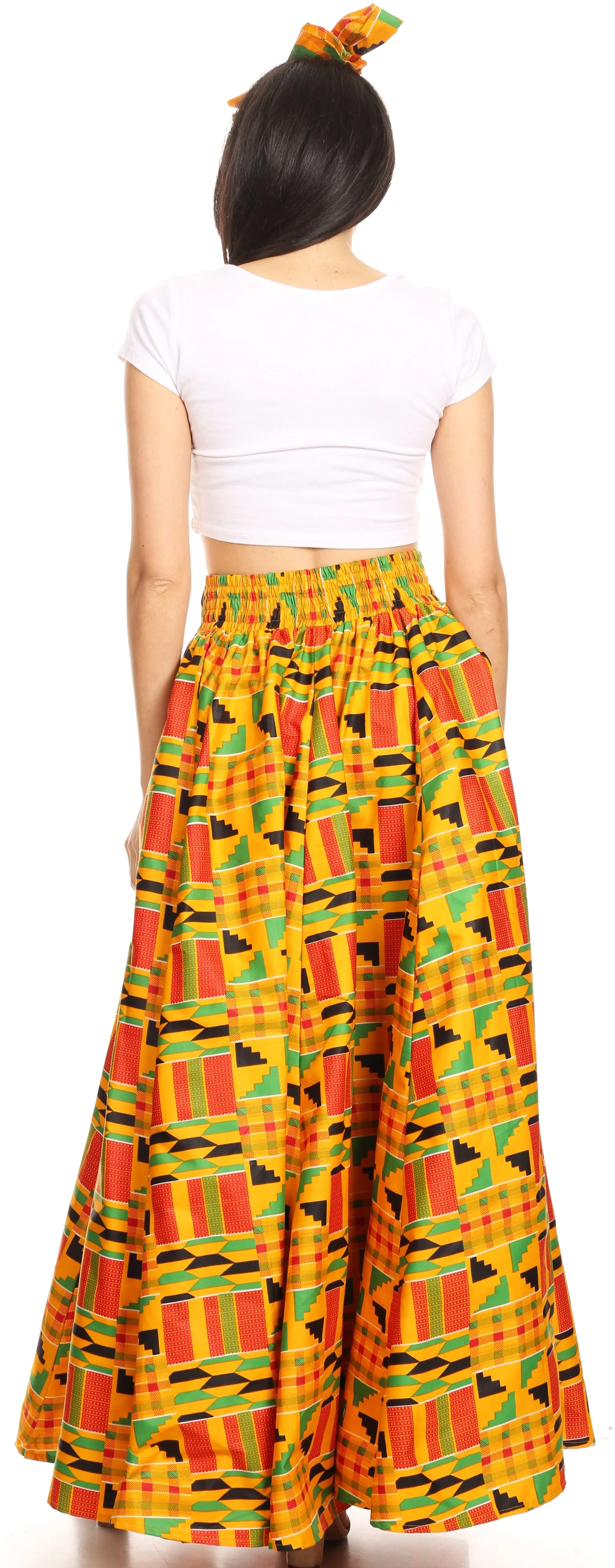 Sakkas Ami Women's Maxi Long African Ankara Print Skirt Pockets & Elastic Waist