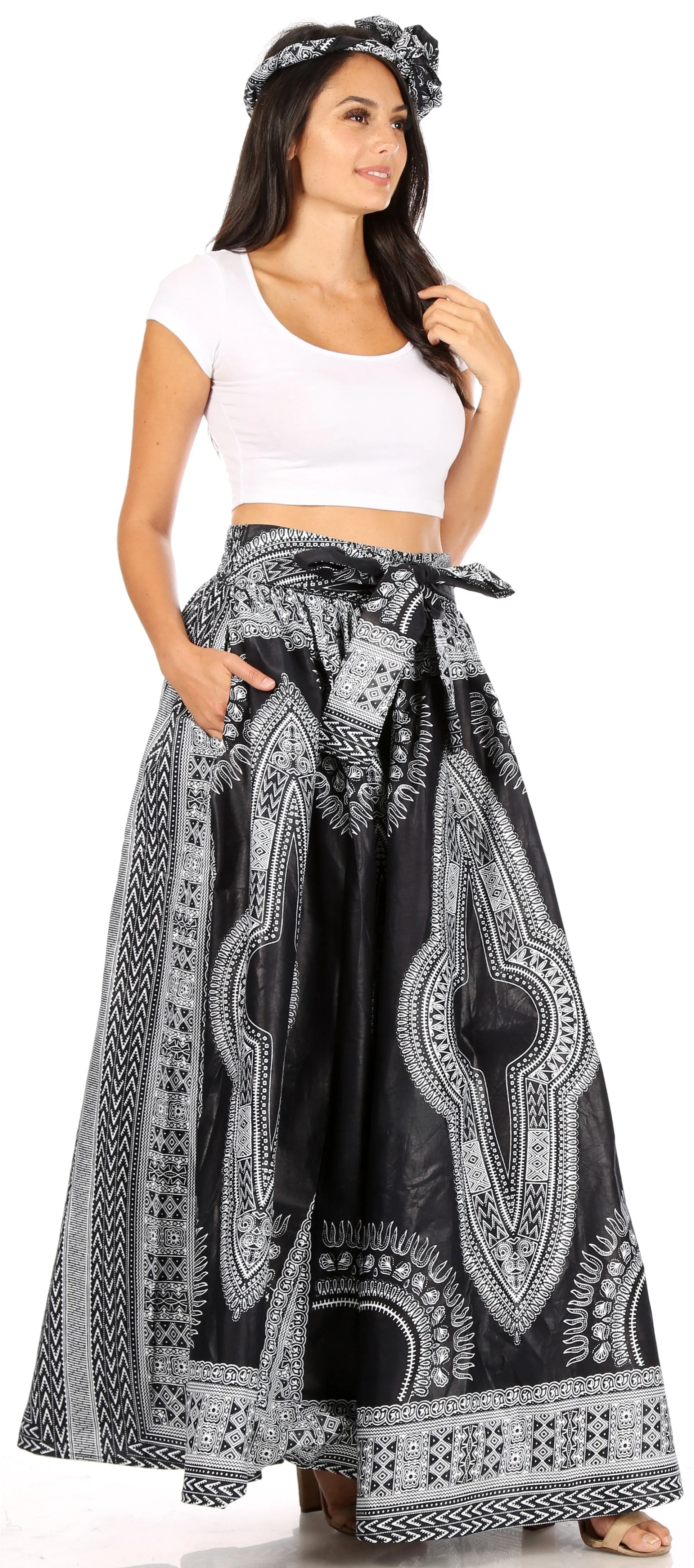 Sakkas Ami Women's Maxi Long African Ankara Print Skirt Pockets & Elastic Waist