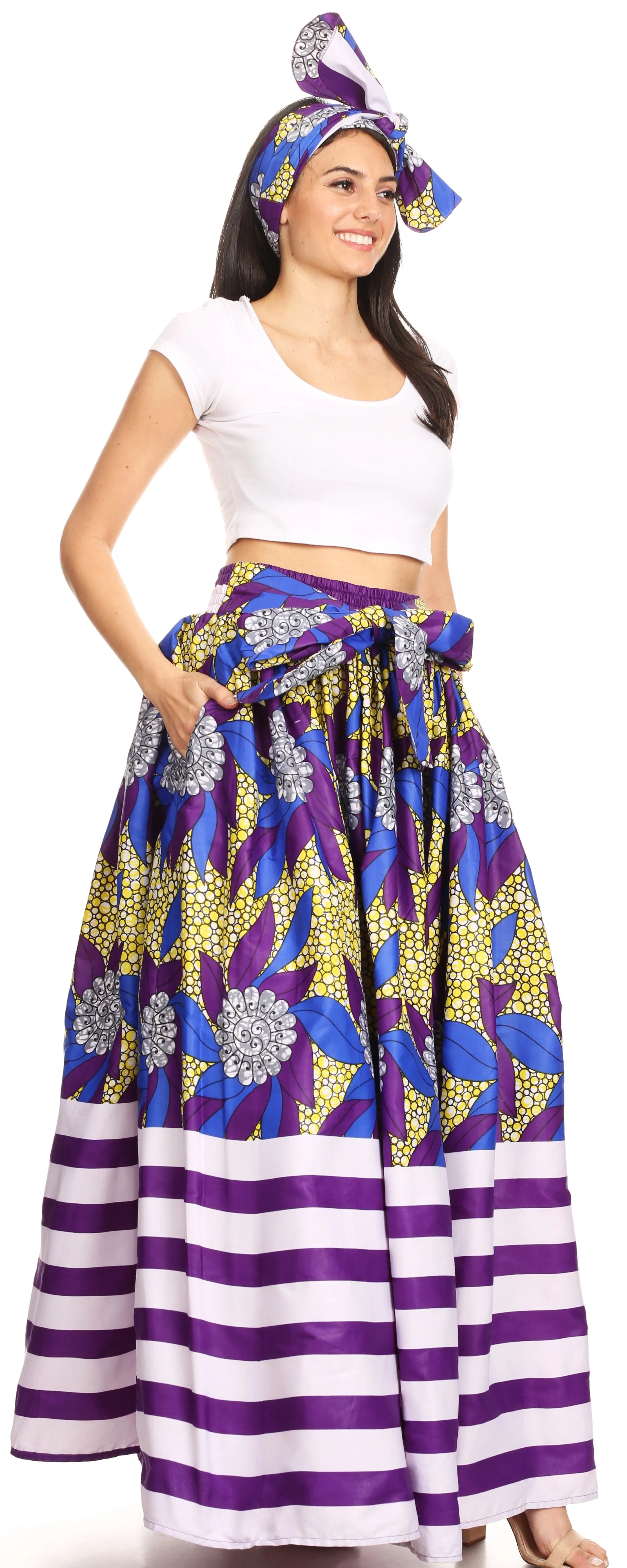 Sakkas Ami Women's Maxi Long African Ankara Print Skirt Pockets & Elastic Waist