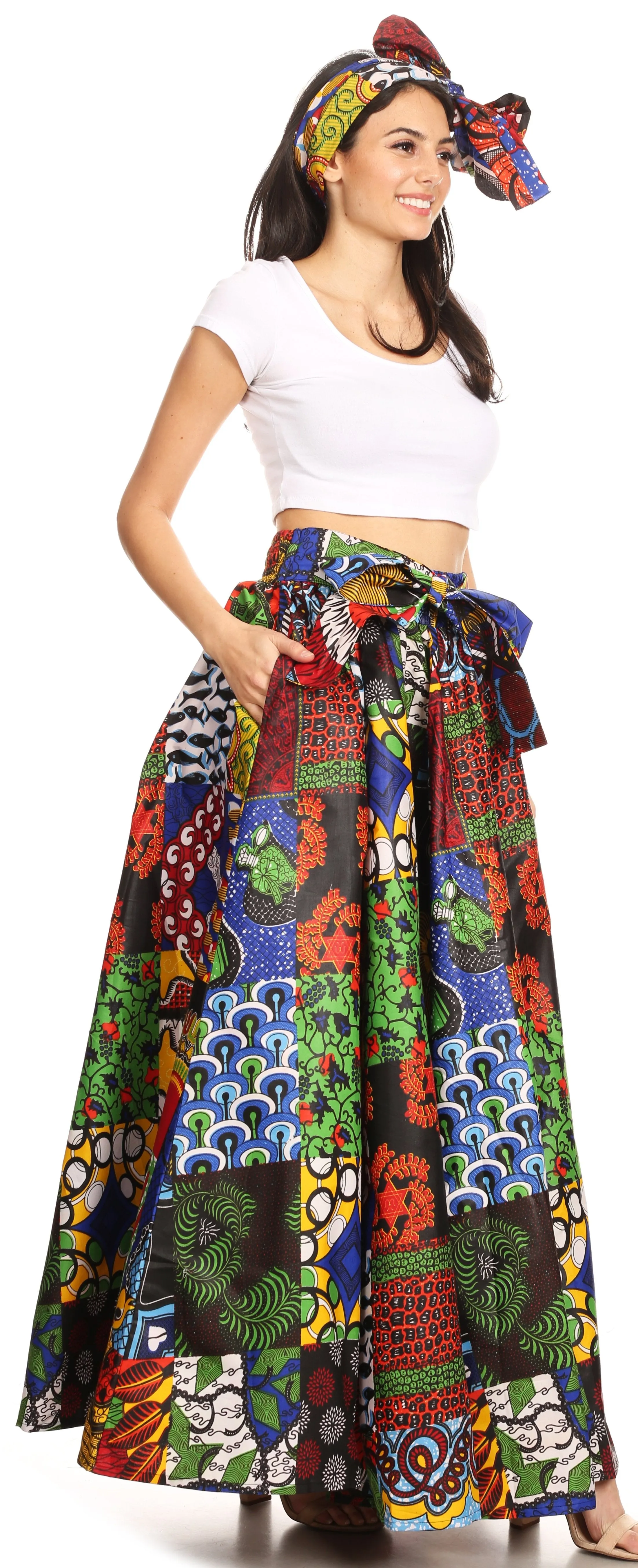 Sakkas Ami Women's Maxi Long African Ankara Print Skirt Pockets & Elastic Waist