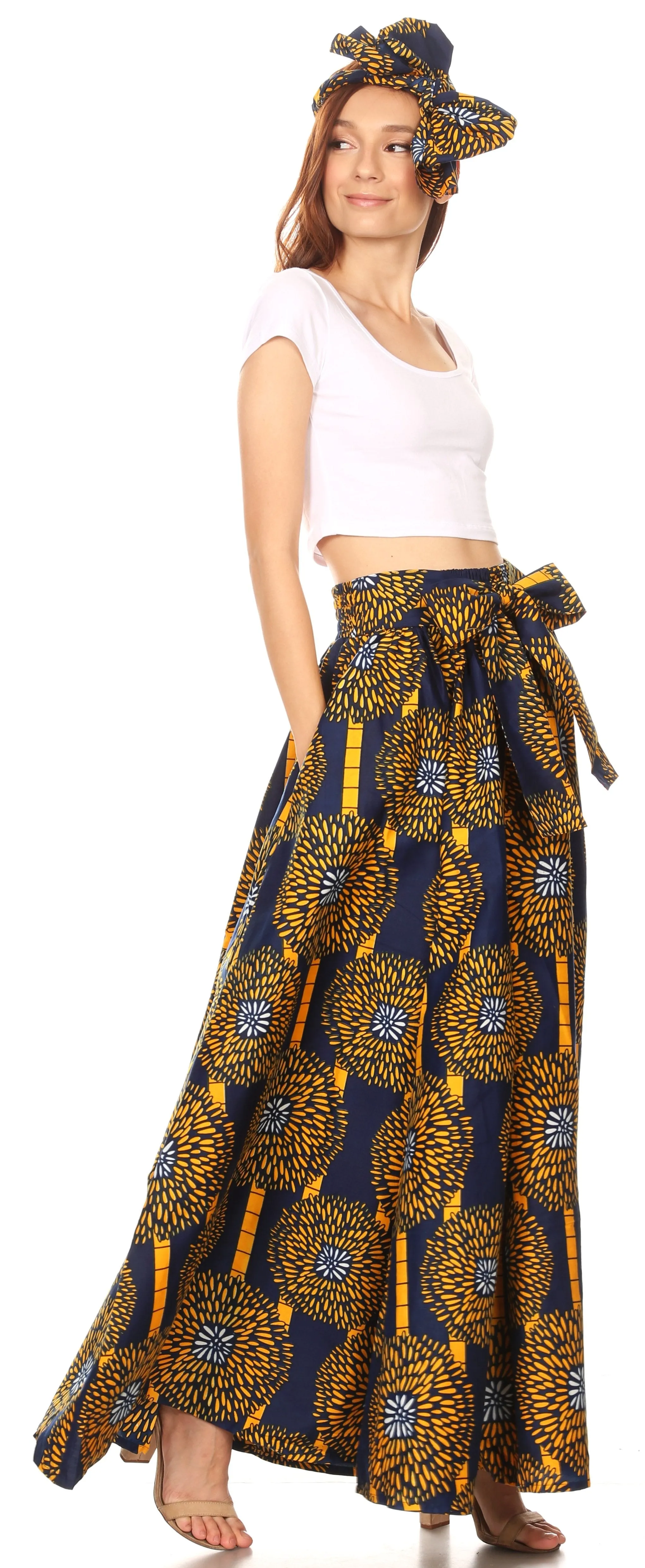 Sakkas Ami Women's Maxi Long African Ankara Print Skirt Pockets & Elastic Waist