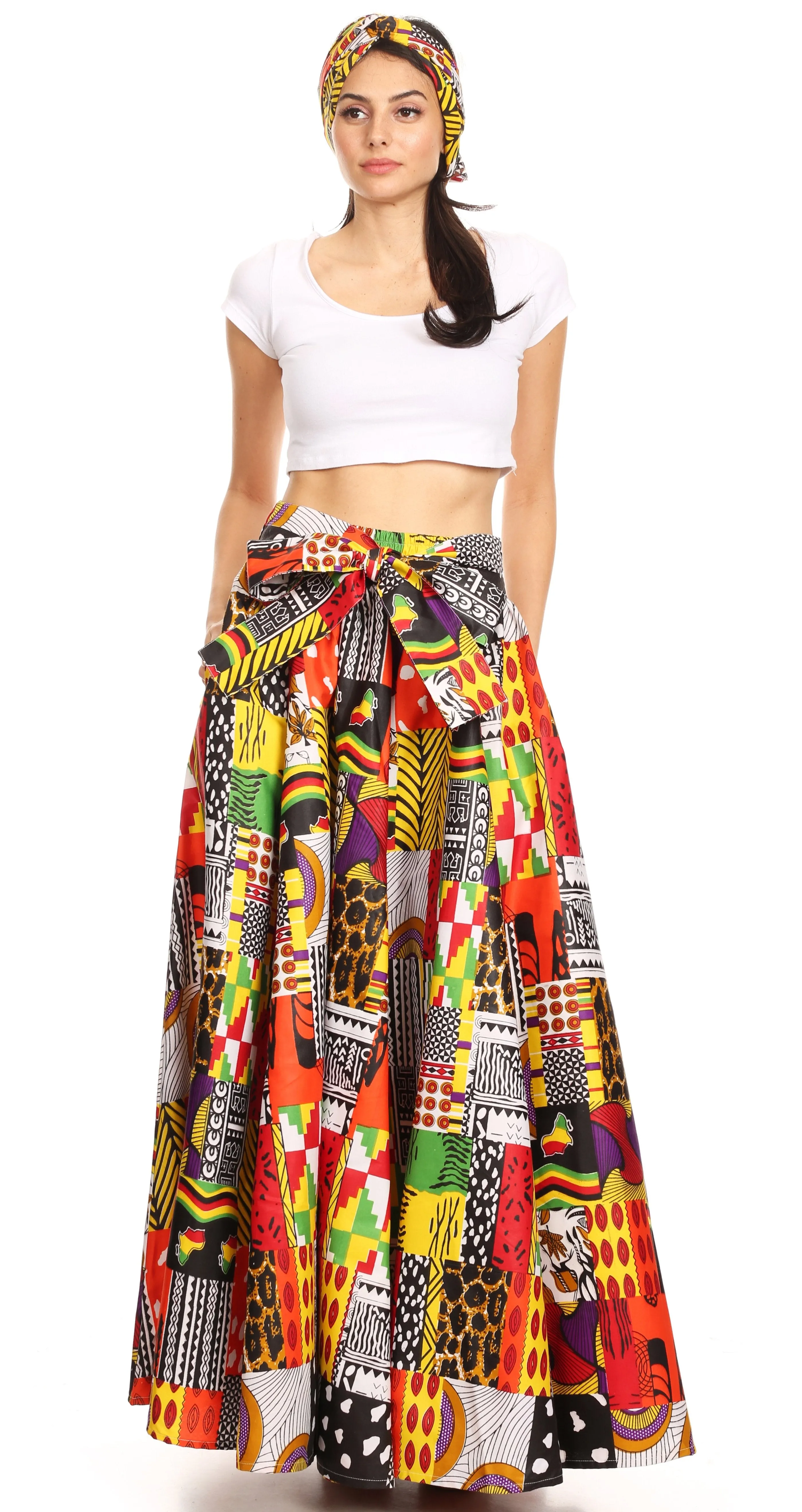 Sakkas Ami Women's Maxi Long African Ankara Print Skirt Pockets & Elastic Waist