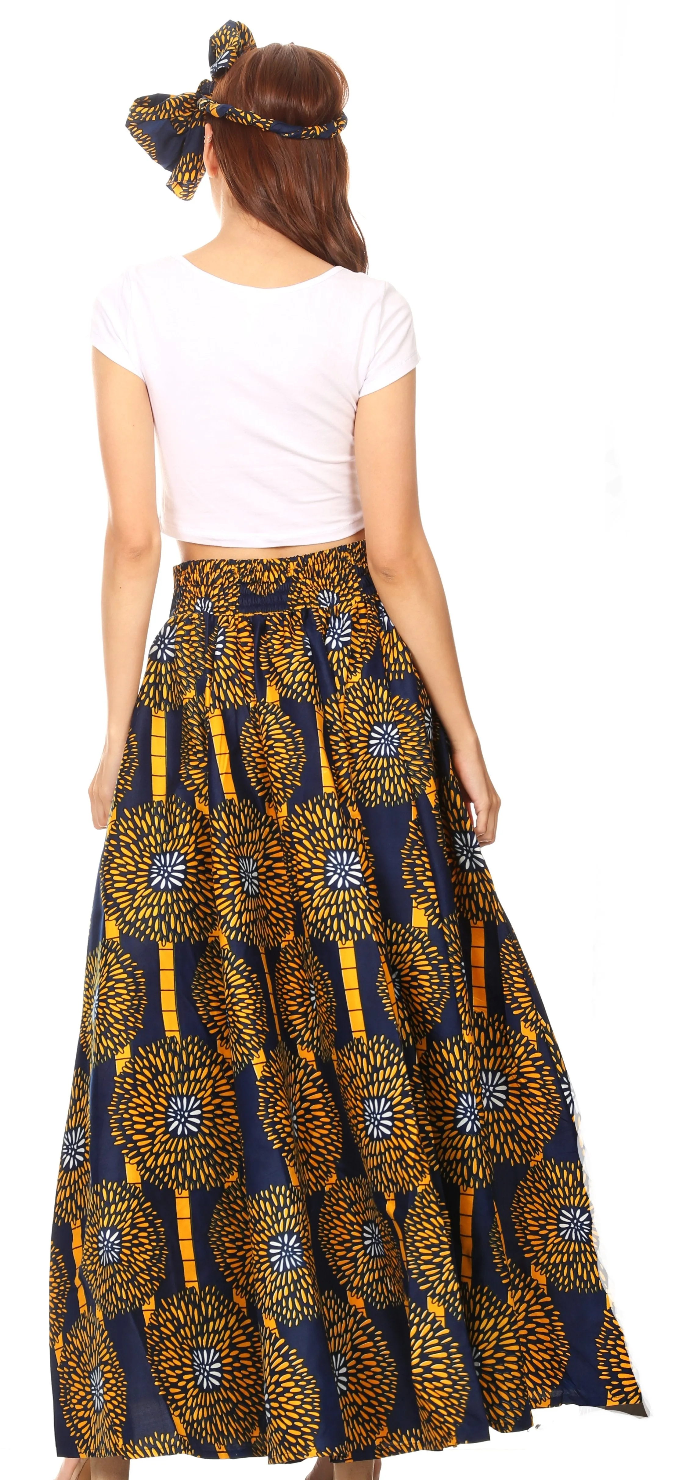 Sakkas Ami Women's Maxi Long African Ankara Print Skirt Pockets & Elastic Waist